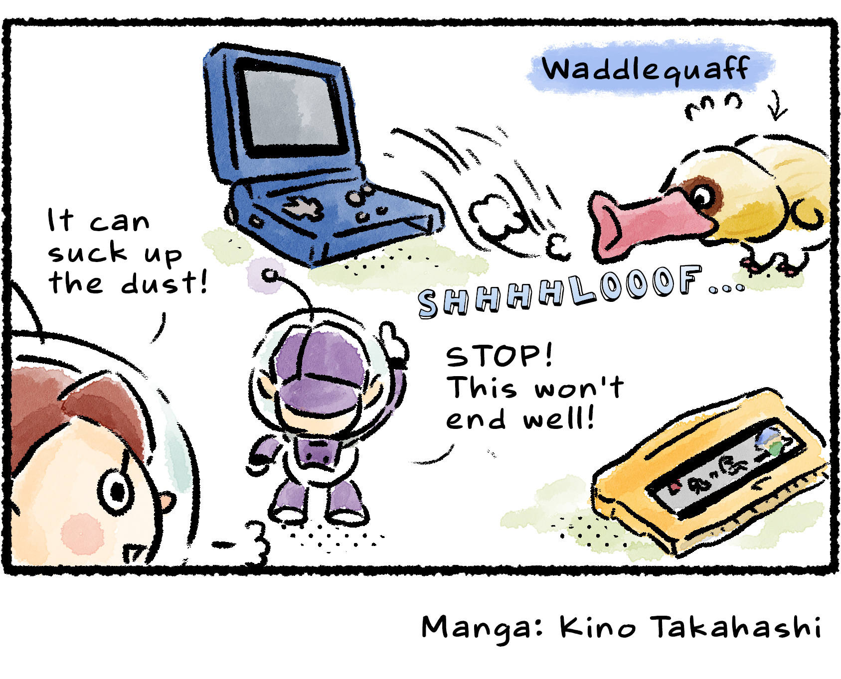 Panel four. Schnauz directs a Waddlequaff to move up to the Stone of Advancement and start inhaling in front of the slot. "Please suck the dust out of the slot," Schnauz says. "This'll work!" the Rescue Officer says.