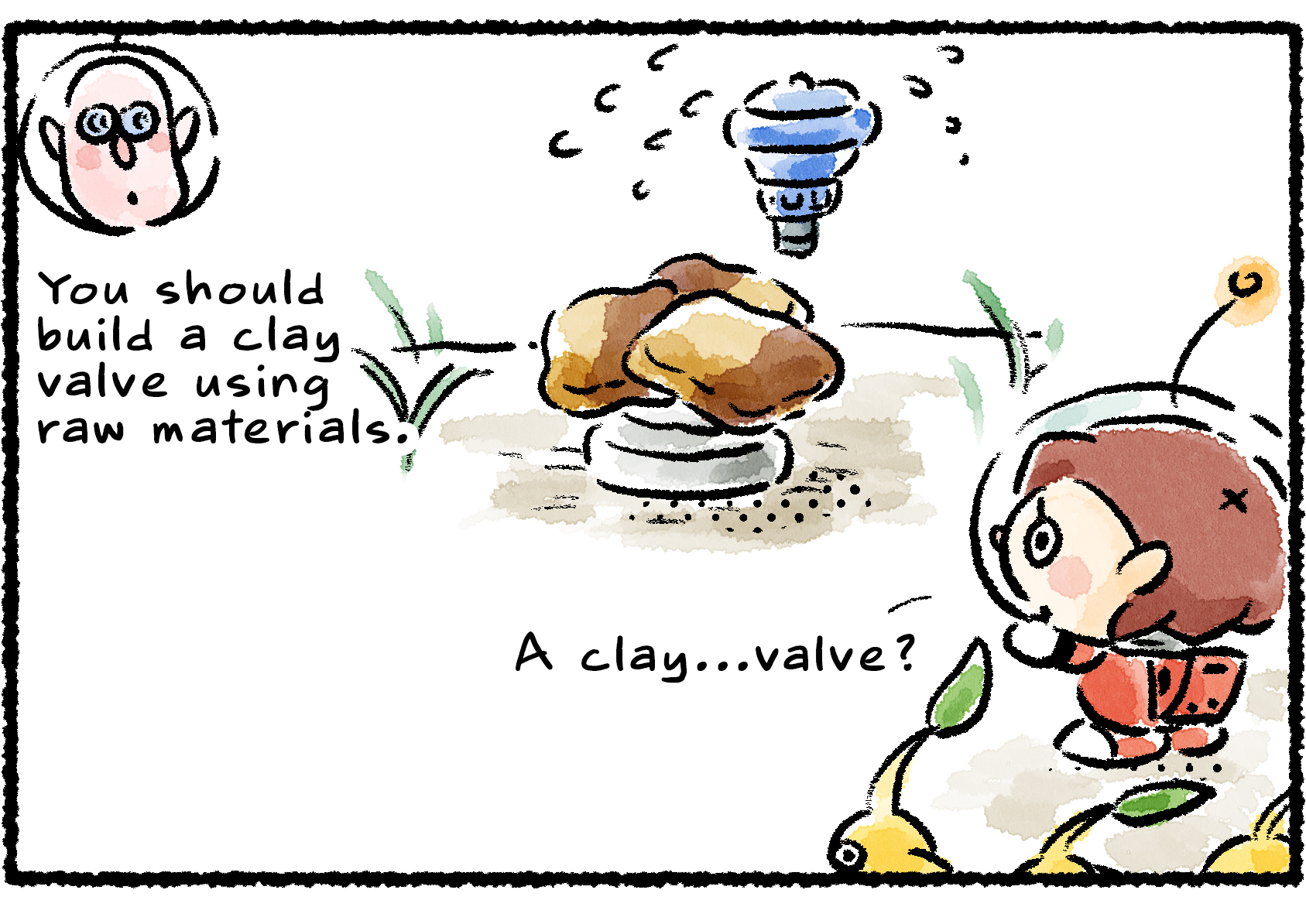 Panel one. As a sprinkler sprays water in the distance, a Rescue Officer looks at an unfinished clay valve. Russ, inset, says, "You should build a clay valve using raw materials." The Rescue Officer looks confused. "A clay...valve?"