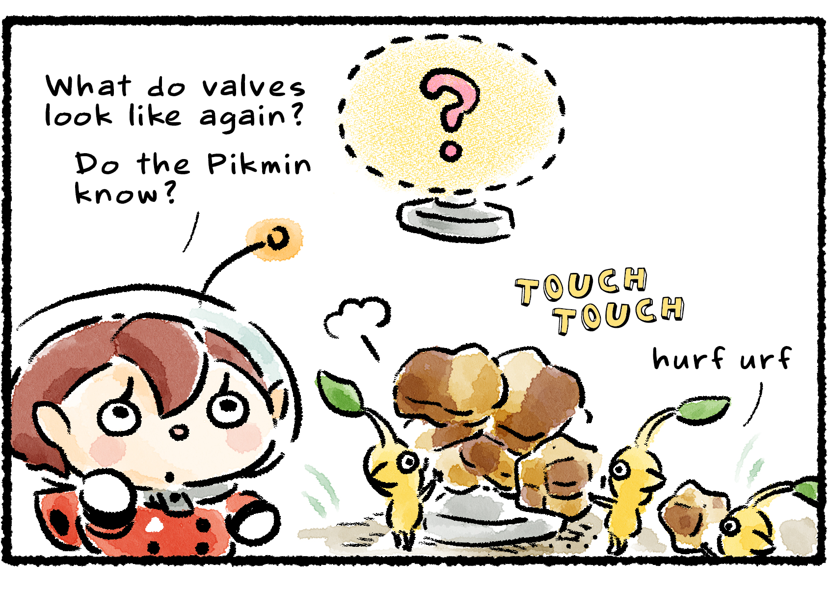 Panel two. The Rescue Officer tries to imagine what the finished clay valve would look like, but can only see a vague outline with a question mark in the middle. "What do valves look like again? Do the Pikmin know?" The Pikmin begin to work on it.