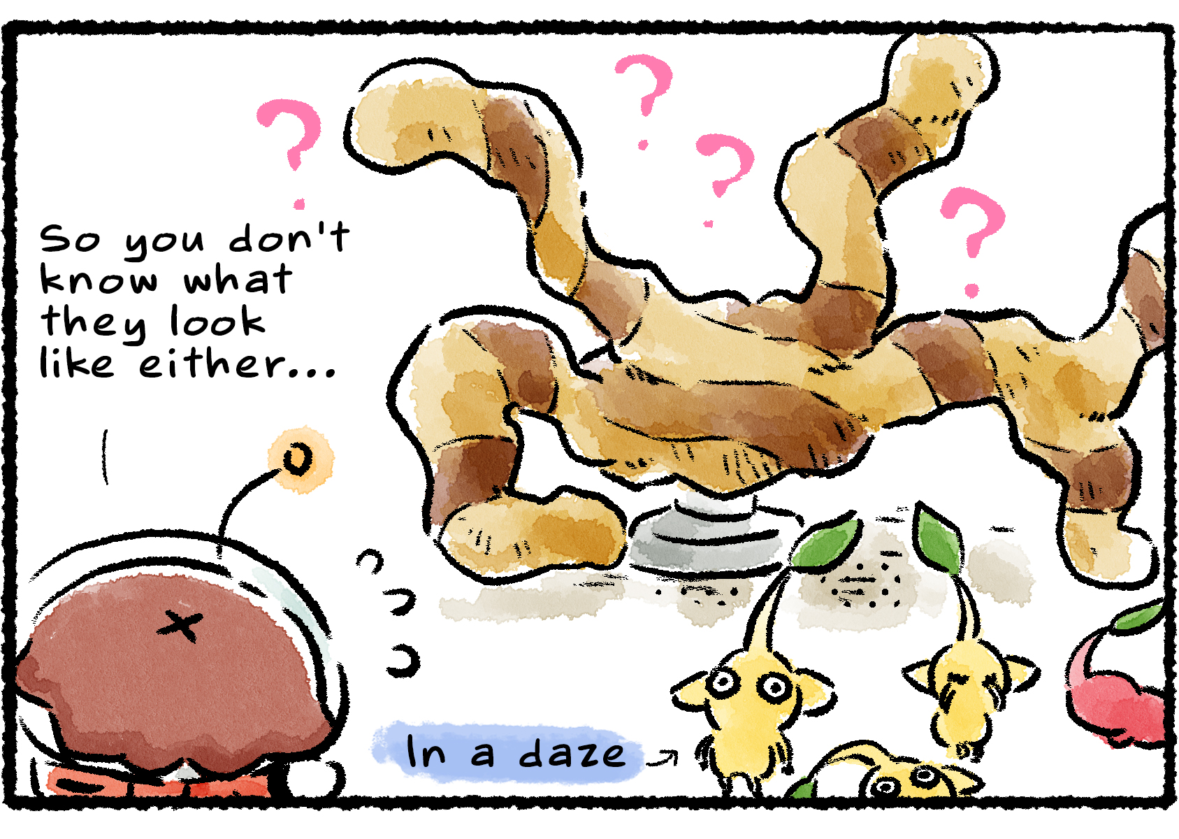 Panel three. The result is a confusing mess of clay tendrils vaguely twisting out from the center of where the valve should be. The Pikmin are all sad about the result. "So you don't know what they look like either..." the Rescue Officer says.