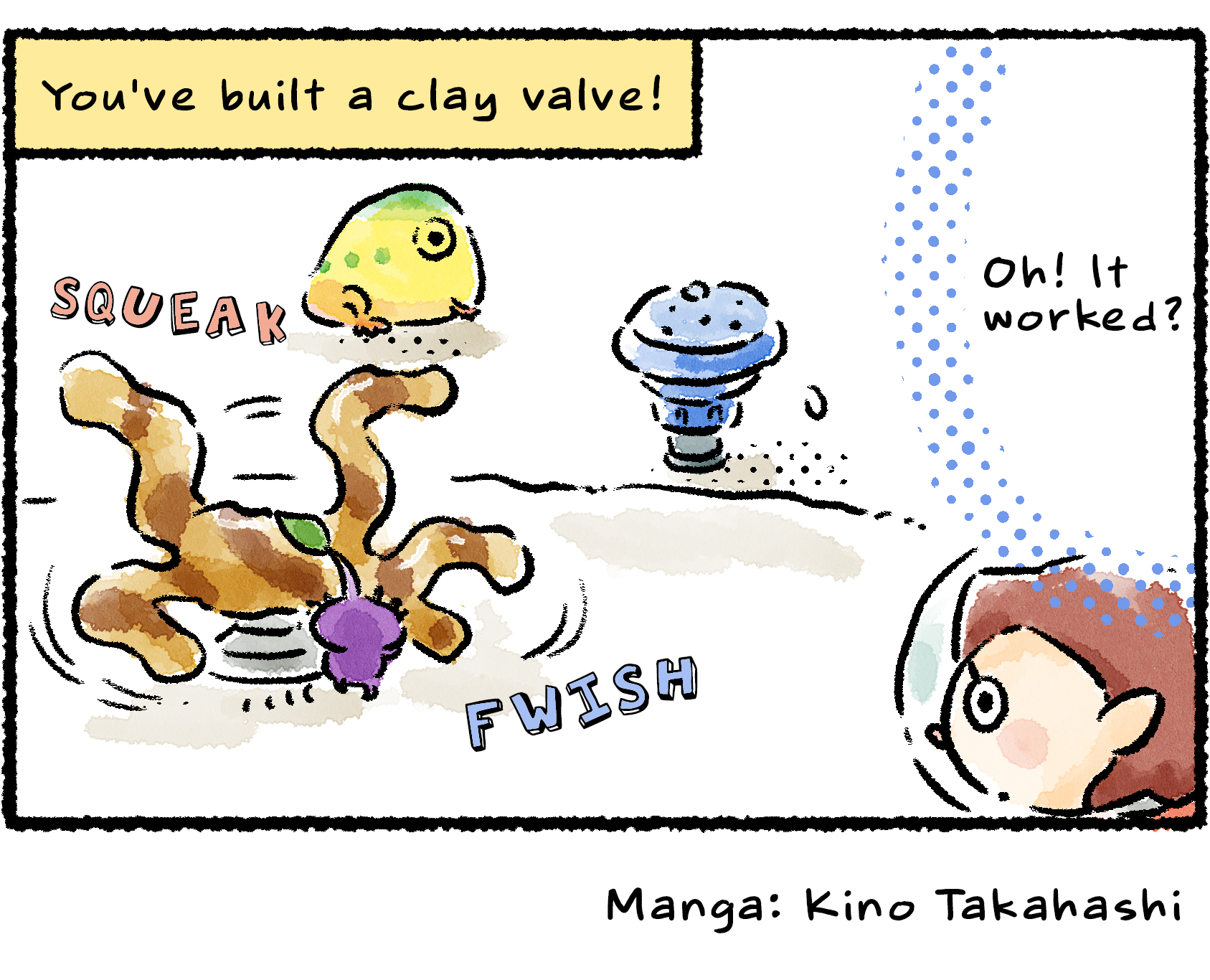 Panel four. Narrator text reads: "You've built a clay valve!" A Purple Pikmin grabs hold of one of the clay tendrils and pushes on it. Miraculously it turns, and the sprinkler stops spraying water. "Oh!" the Rescue Officer says. "It worked?"