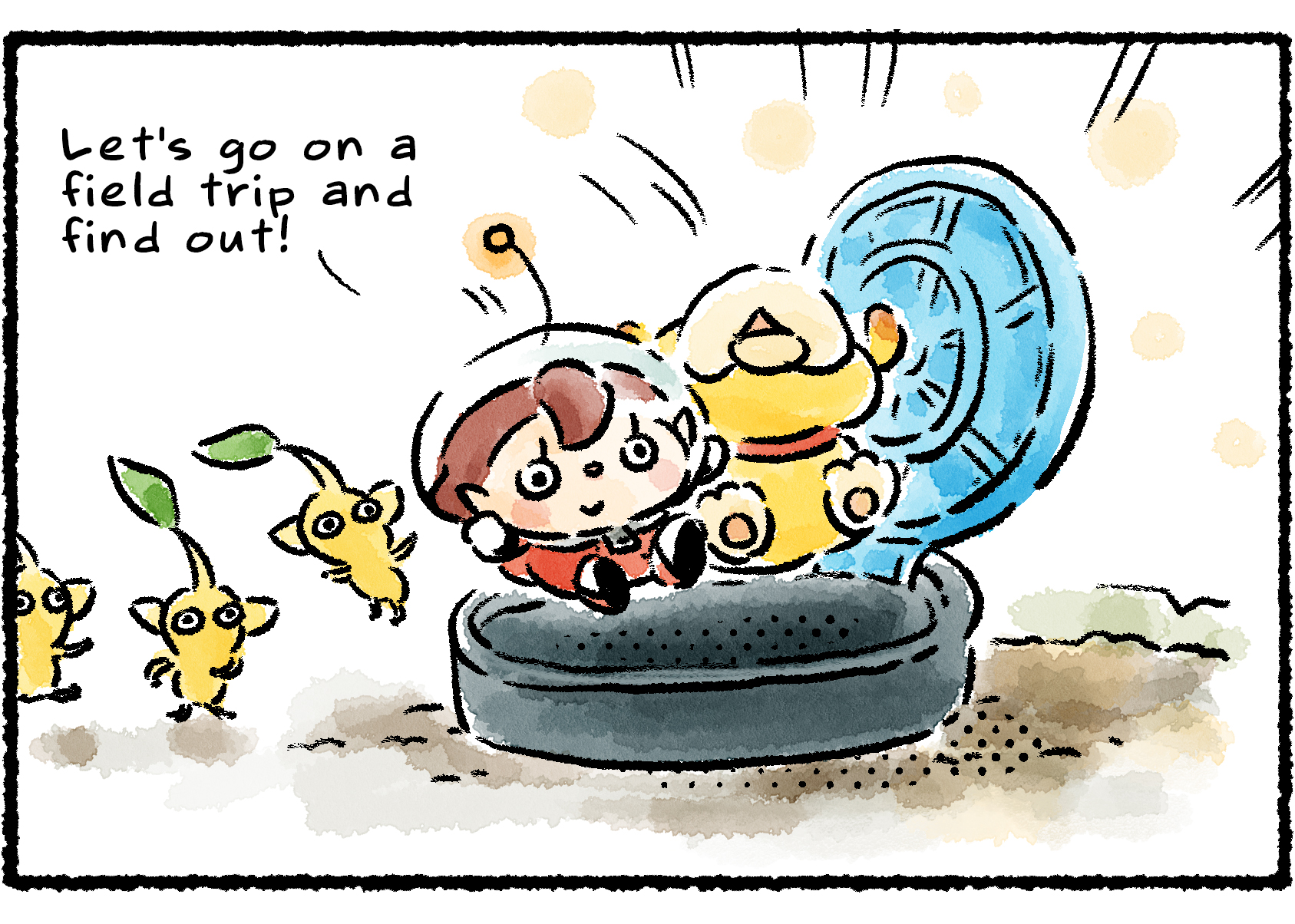 Panel two. The Rescue Officer leads Oatchi and the Pikmin to the entrance of a cave. "Let's go on a field trip and find out!" she says as she and Oatchi jump in.