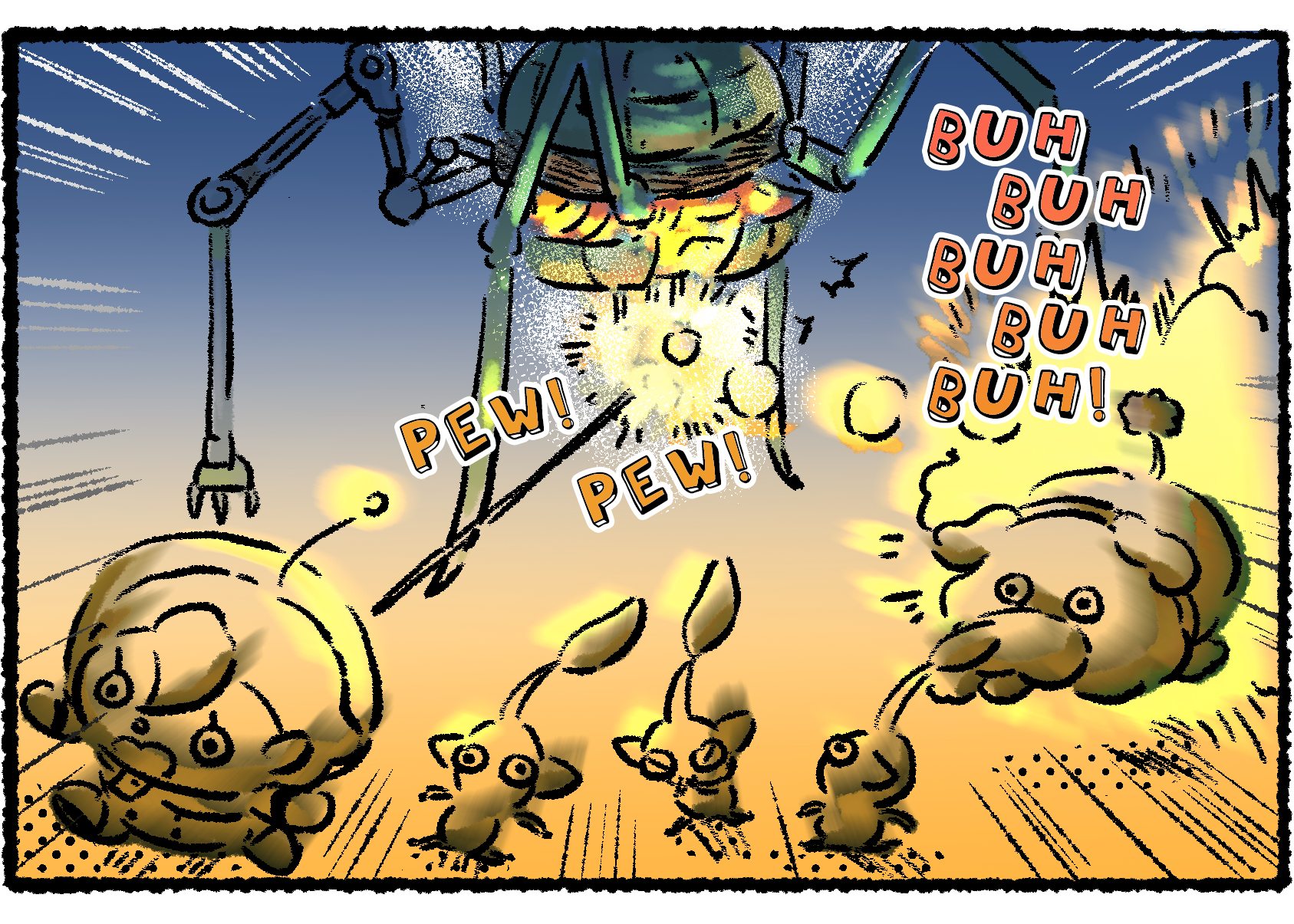 Panel three. Oatchi, the Rescue Officer, and the Pikmin scatter and flee as a Man-at-Legs shoots at them.