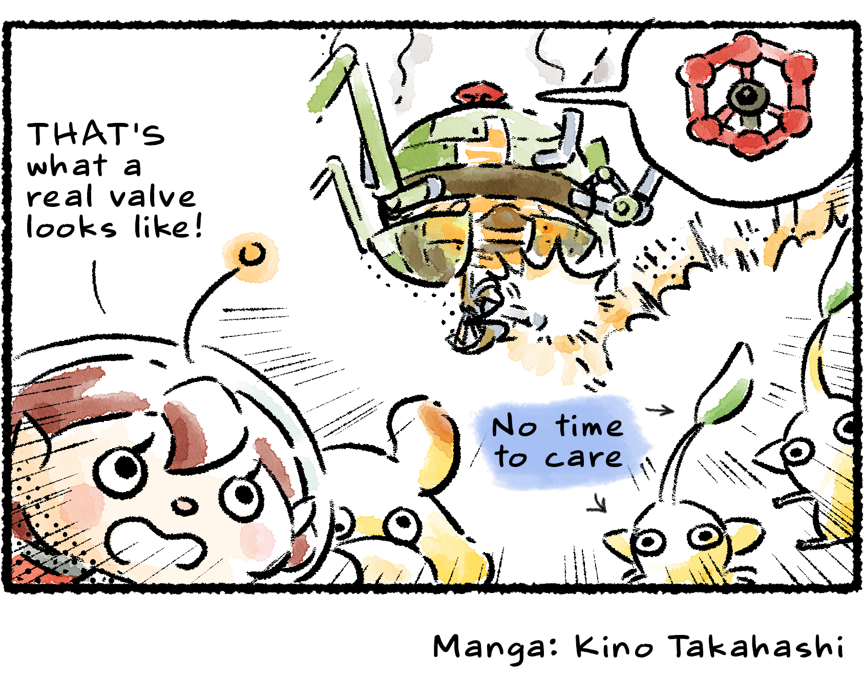 Panel four. While fleeing from the Man-at-Legs, the Rescue Officer turns and points at its head to say, "THAT'S what a real valve looks like!" An inset closeup shows a top-down view of the valve, while narrator text reads: "No time to care".