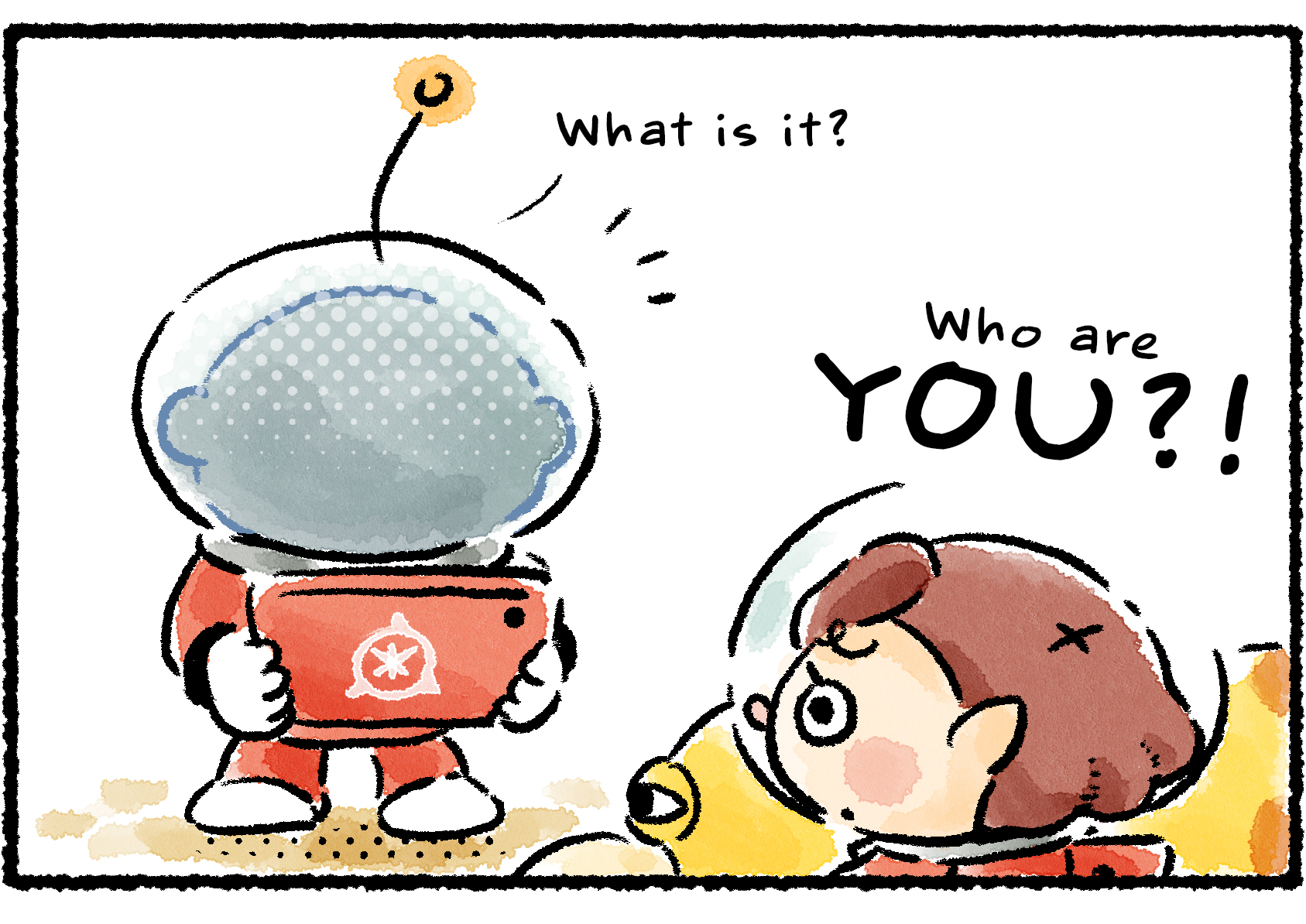 Panel two. Collin turns around to face the Rescue Officer and Oatchi, but his face is only visible as a hazy silhouette. "What is it?" Collin says. "Who are YOU?!" the startled Rescue Officer replies.