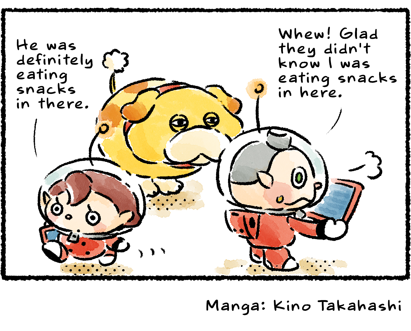 Panel four. As the Rescue Officer finishes her business and walks away, Collin thinks to himself: "Whew! Glad they didn't know I was eating snacks in here." Unknown to him, the Rescue Officer is thinking, "He was definitely eating snacks in there."