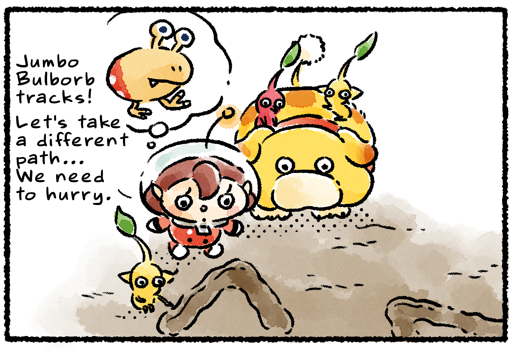 Panel one. A Rescue Officer, Oatchi, and some Pikmin come upon some tracks. "Jumbo Bulborb tracks!" the Rescue Officer says, envisioning a Bulborb. "Let's take a different path… We need to hurry."