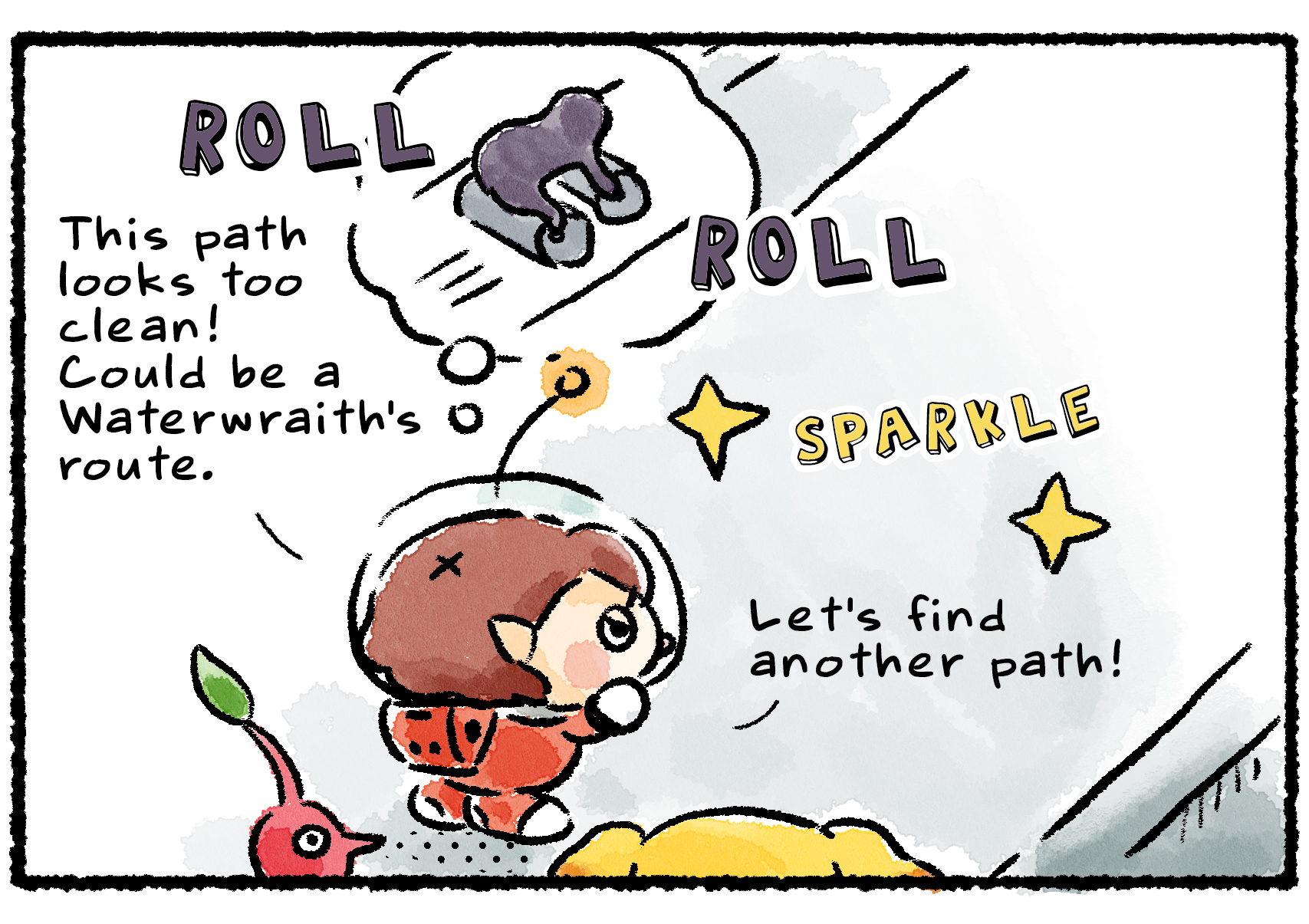 Panel two. The Rescue Officer finds a path made of smooth, clean metal. "This path looks too clean! Could be a Waterwraith's route," she speculates, as she imagines a Waterwraith rolling along.