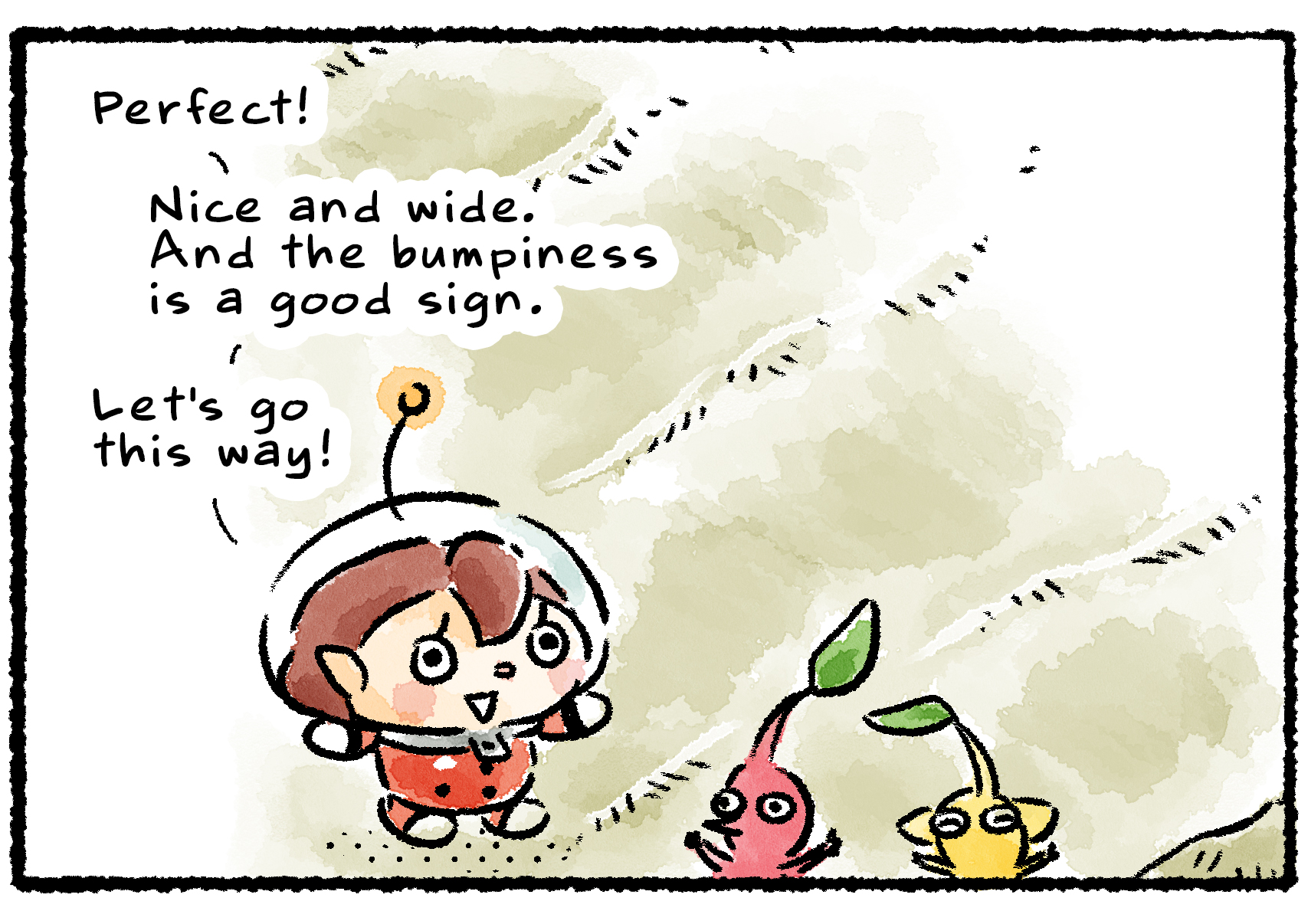 Panel three. The Rescue Officer finds a part of land that's smooth, but with bumps evenly spaced apart. "Perfect!" she says. "Nice and wide. And the bumpiness is a good sign."