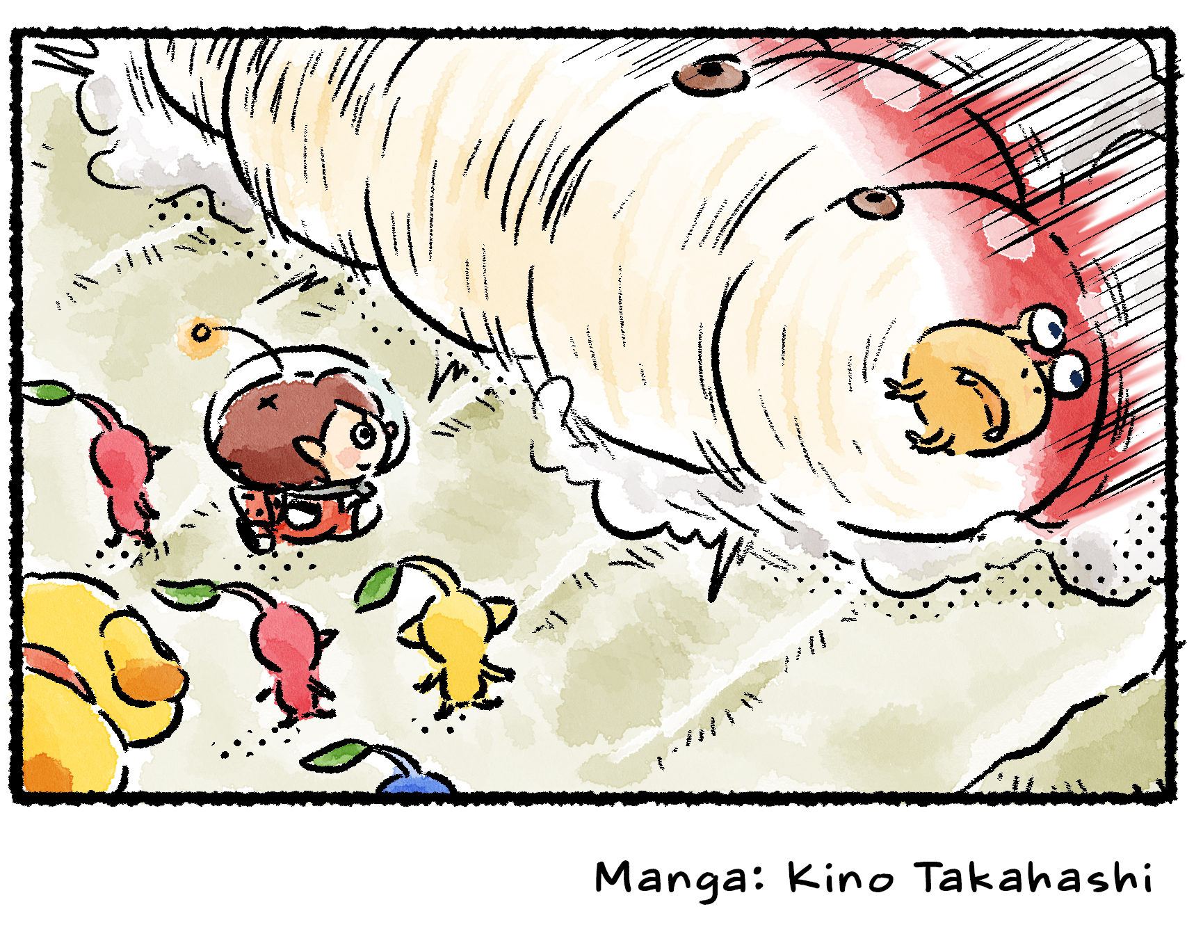 Panel four. An Empress Bulblax comes rolling directly at the Rescue Officer, Oatchi, and Pikmin. Its bulbous body aligns perfectly with the bumps worn into the ground.