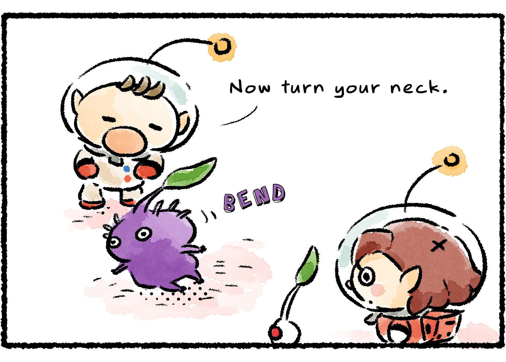 Panel two. A Rescue Officer and a White Pikmin watch as Olimar instructs the Purple Pikmin lying on the ground. "Now turn your neck," Olimar says. The Pikmin now looks like it's playing dead.