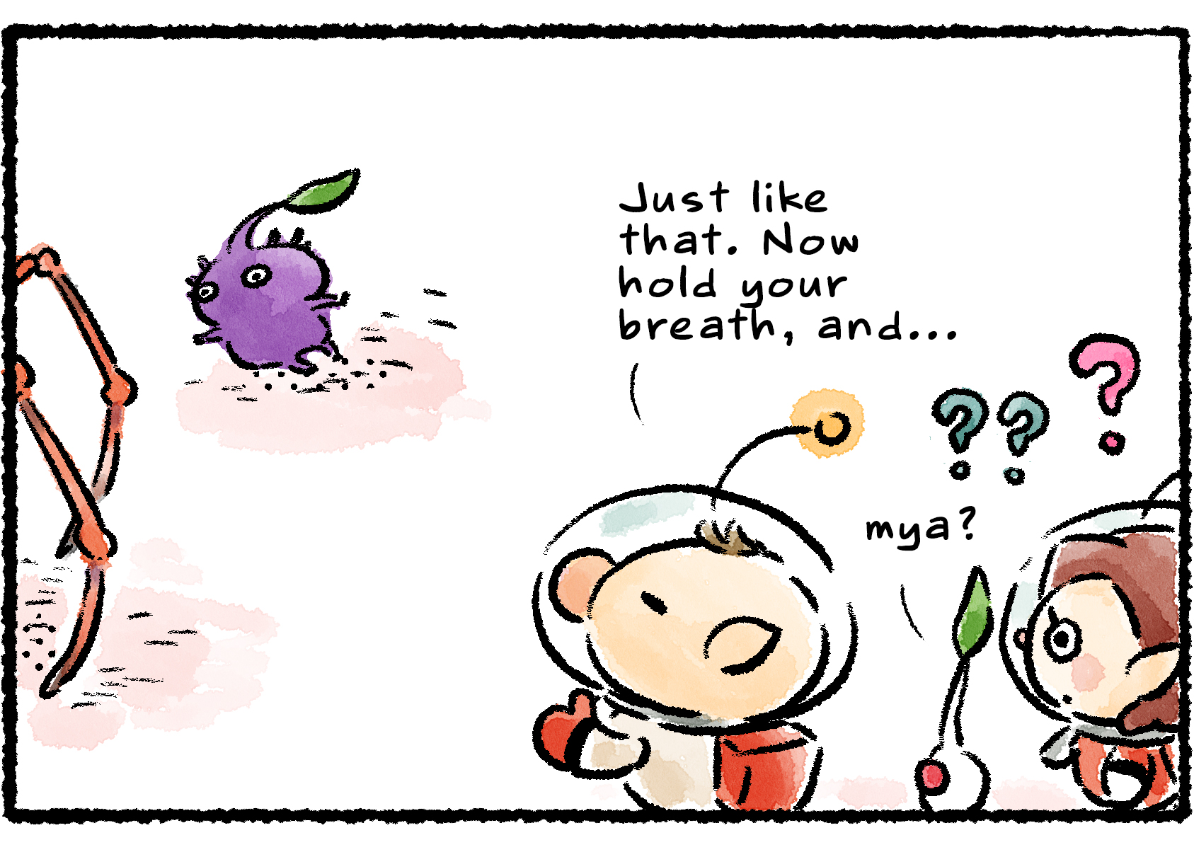 Panel three. The Rescue Officer and White Pikmin look confused as Olimar steps away from the Purple Pikmin. "Just like that," Olimar says. "Now hold your breath, and…" A Fiery Dweevil begins to approach rom the side.