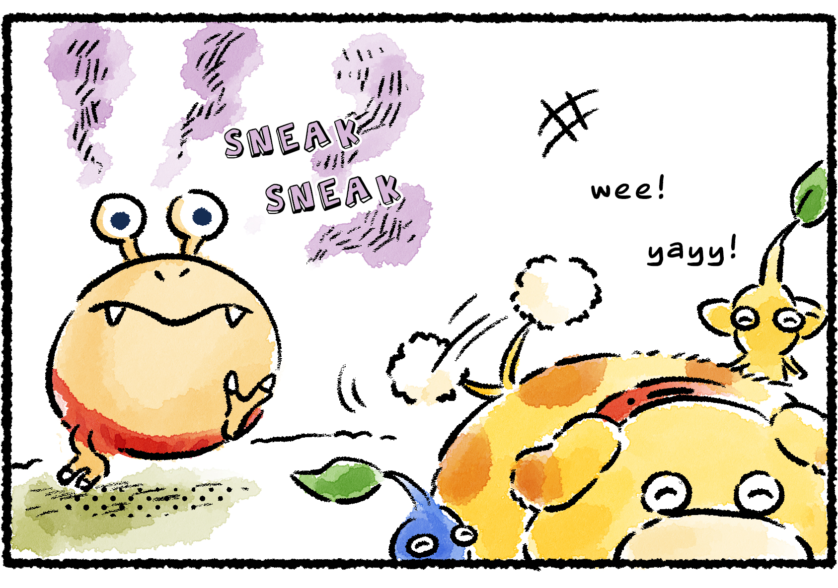 Panel one. Oatchi and some Pikmin are having a fun time, while a sneaky Bulborb creeps up behind them.