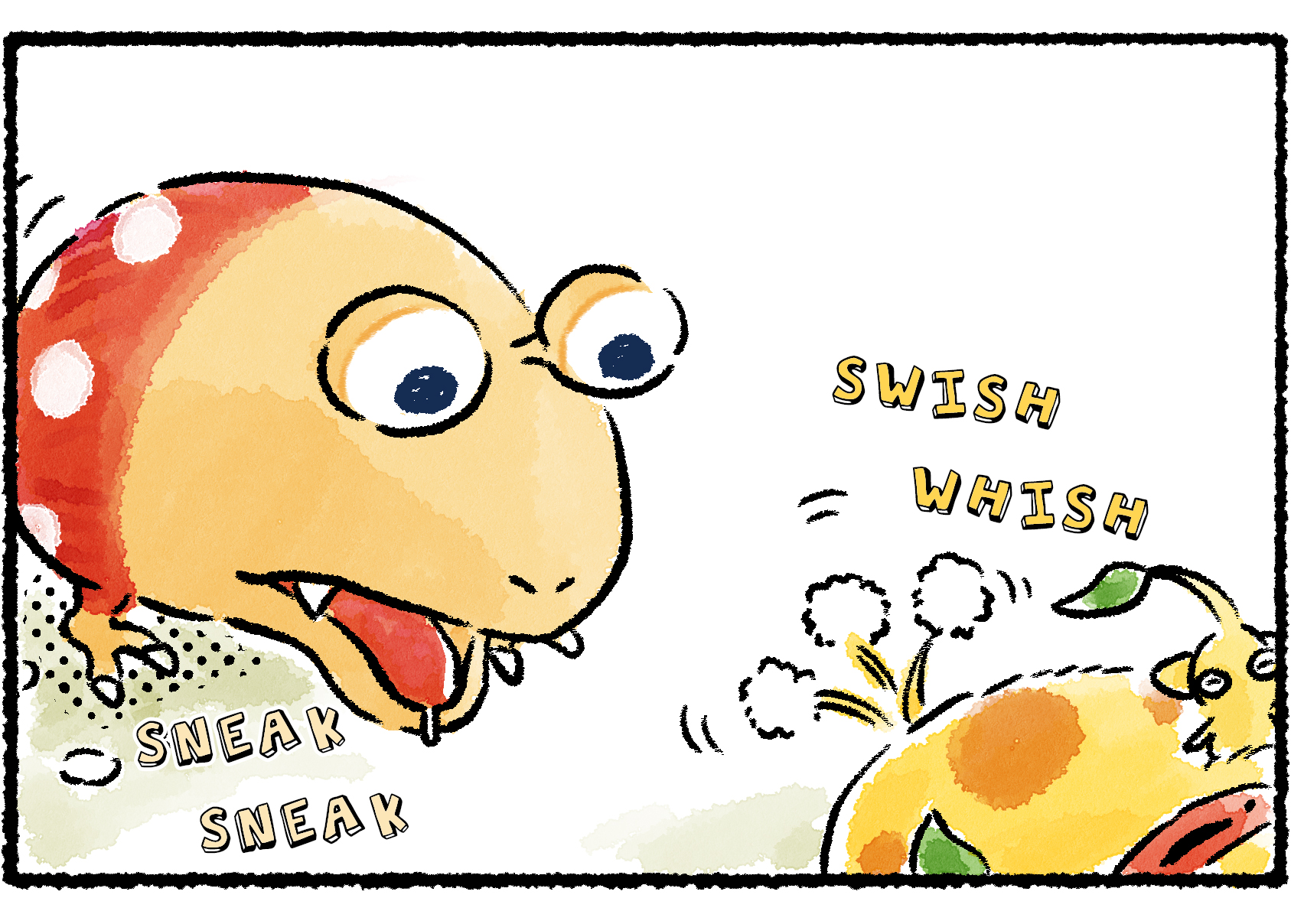Panel two. The Bulborb looks hungry as it leans down toward Oatchi's wagging tail.