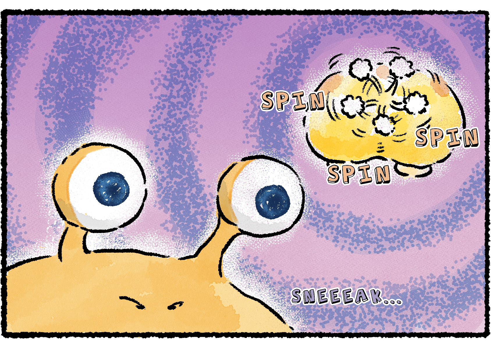 Panel three. Closeup of the Bulborb's eyes as it stares at Oatchi's tail spinning in enticing circles. It seems to be falling into a trance as if hypnotized.