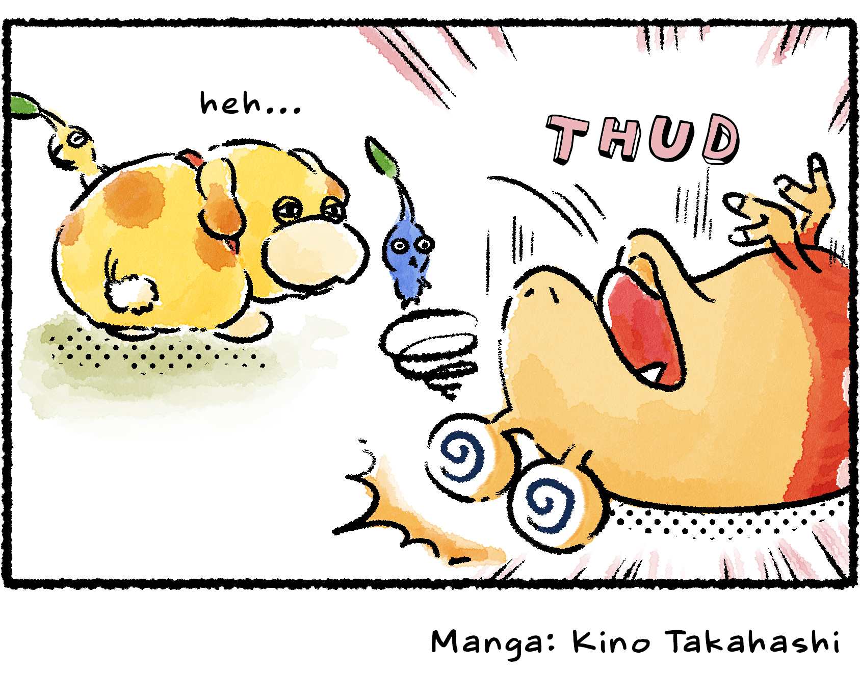 Panel four. The Bulborb is so hypnotized by Oatchi's tail that it falls over unconscious, its eyes rendered as spirals. Oatchi turns around to look at it with a little laugh. It seems he hypnotized the Bulborb on purpose.