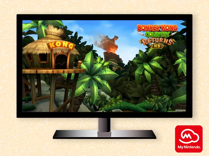 Donkey Kong Country Returns HD virtual background featuring scenic jungle with DK's hut in the foreground and smoking volcano in the background.