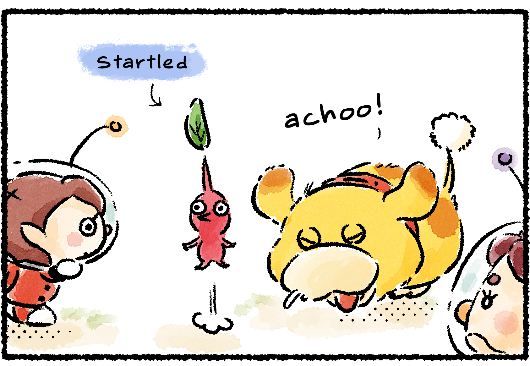 Panel one. A Red Pikmin jumps into the air, startled, as Oatchi suddenly sneezes. "Oh no!" a Rescue Officer says. "Does Oatchi have a cold?"