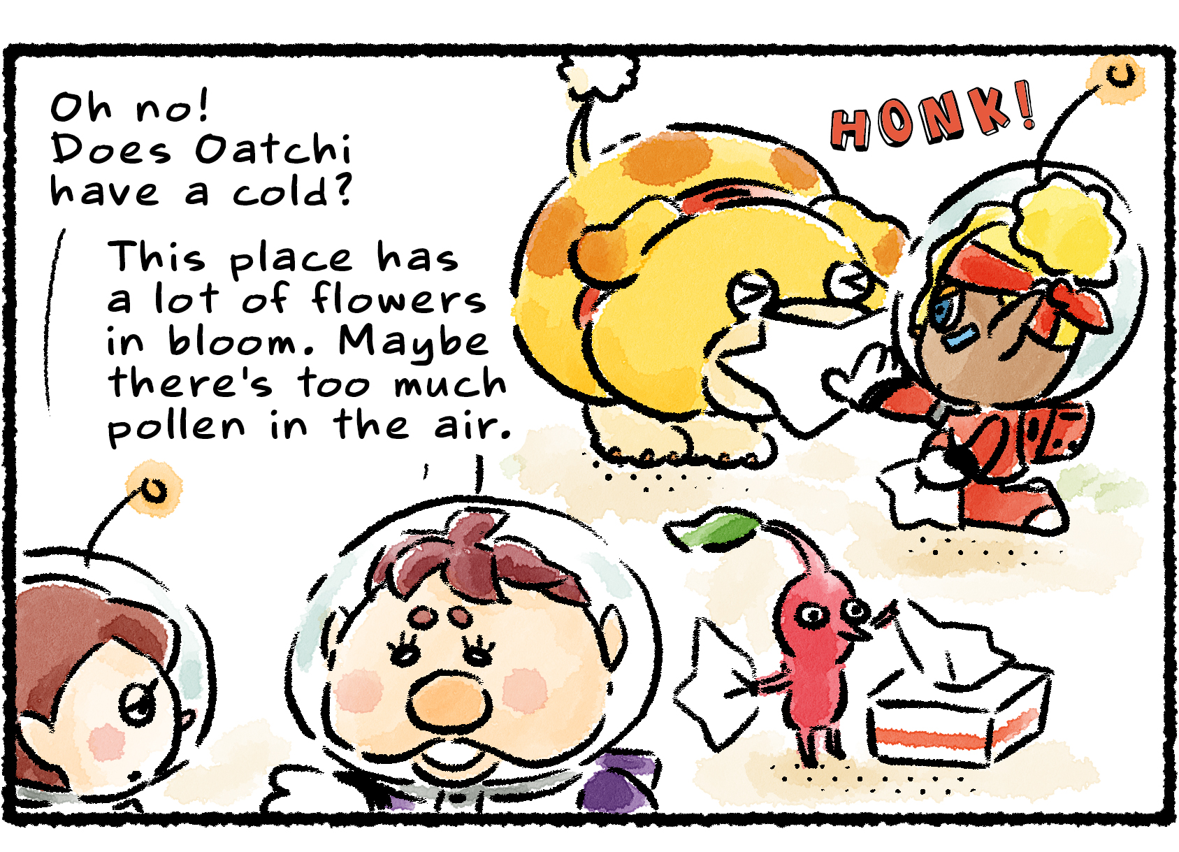 Panel two. "This place has a lot of flowers in bloom," Kingsly explains. "Maybe there's too much pollen in the air." Shepherd helps Oatchi blow his nose into a tissue while a Red Pikmin pulls more tissues out of the box.