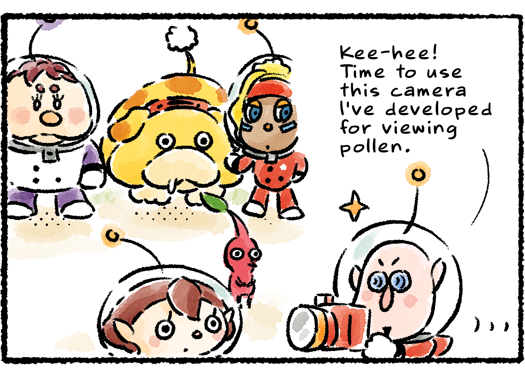 Panel three. Russ approaches the group with a special camera. "Kee-hee!" he says. "Time to use this camera I've developed for viewing pollen." He aims the camera at Oatchi, who is standing between Shepherd and Kingsly.