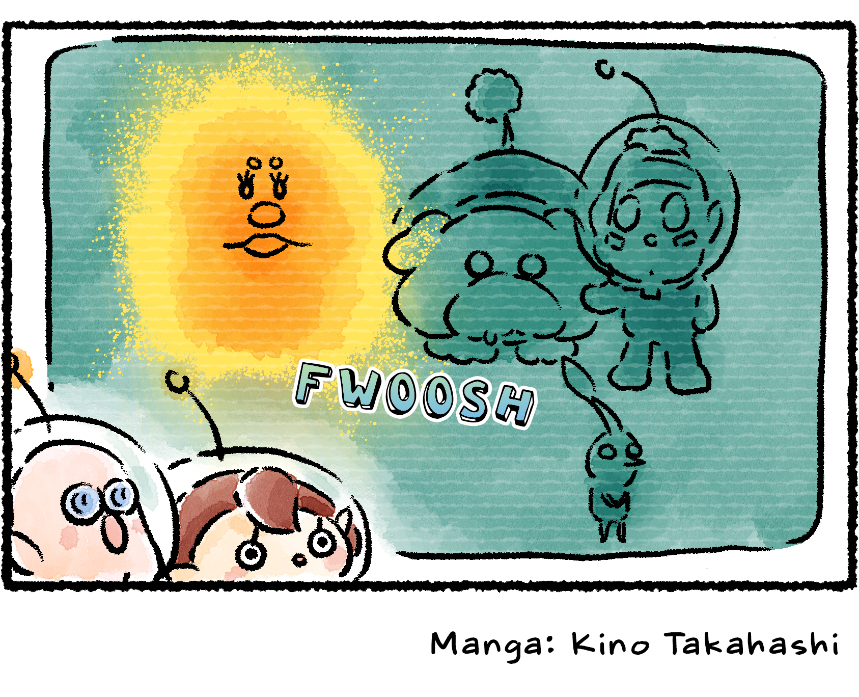 Panel four. Russ and the Rescue Officer review the picture the camera took, which shows Oatchi and Shepherd as dull outlines and Kingsly as nothing more than a radiating cloud of yellow. It seems they now know where all the pollen is coming from.