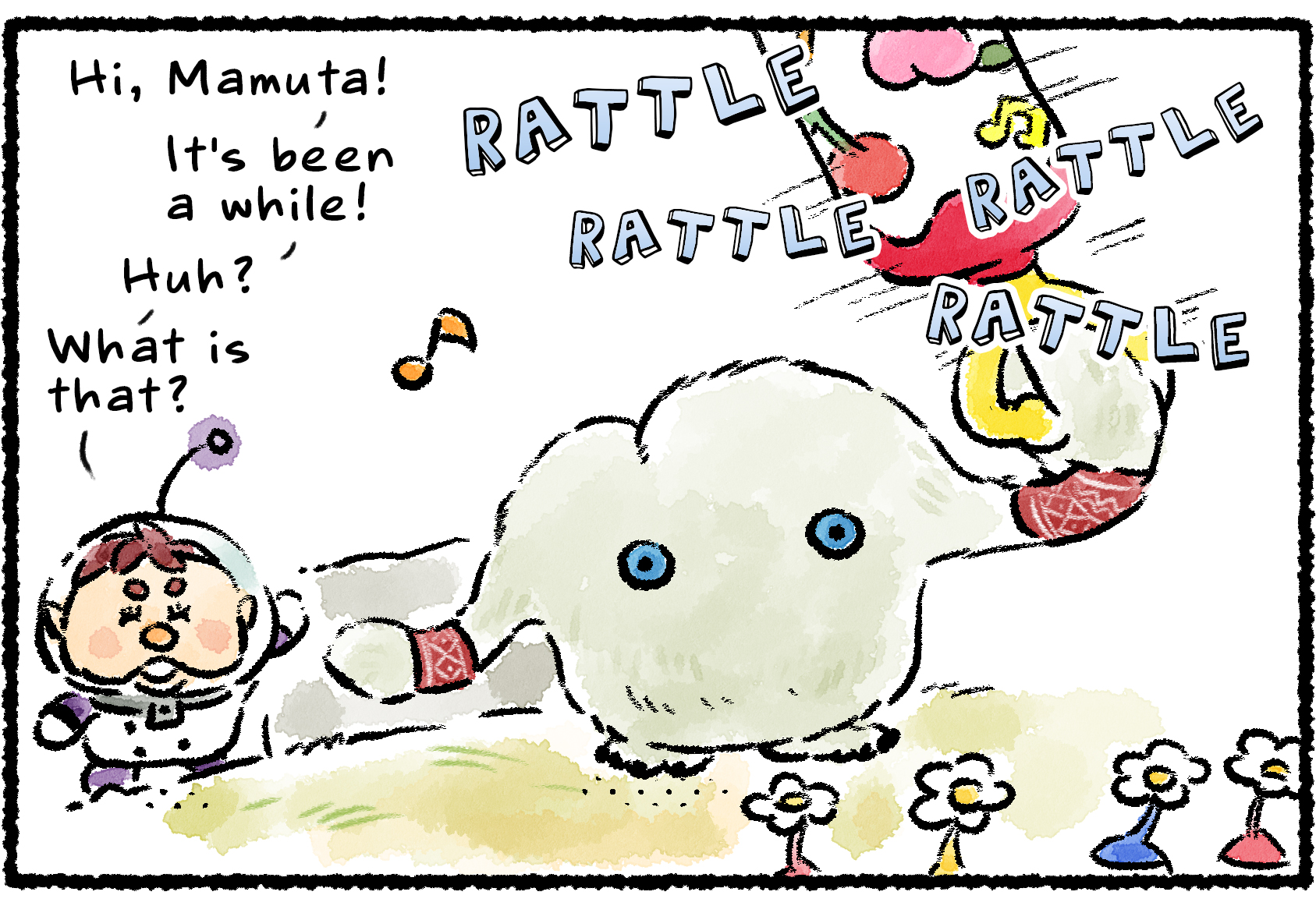 Panel one. Kingsly approaches a Mamuta standing in front of a row of Pikmin in the ground. "Hi, Mamuta! It's been a while!" The Mamuta wildly swings a baby's rattle, prompting Kingsly to say, "Huh? What is that?"