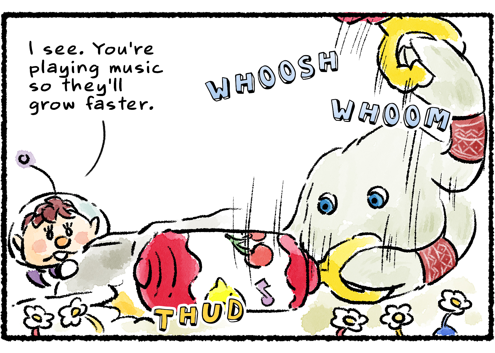 Panel two. The Mamuta slams the rattle on the ground, creating rhythmic rattling sounds. Kingsly says, "I see. You're playing music so they'll grow faster."