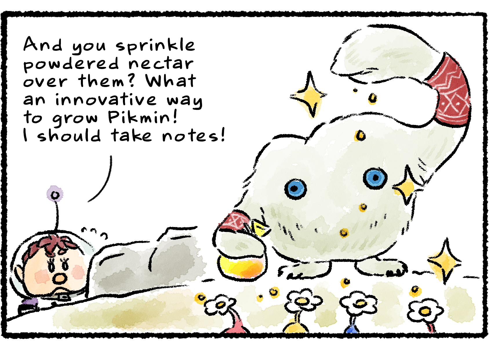 Panel three. The Mamuta reaches into what looks like a yellow bag and sprinkles something from it over the Pikmin. "And you sprinkle powdered nectar over them?" Kingsly says. "What an innovative way to grow Pikmin! I should take notes!"