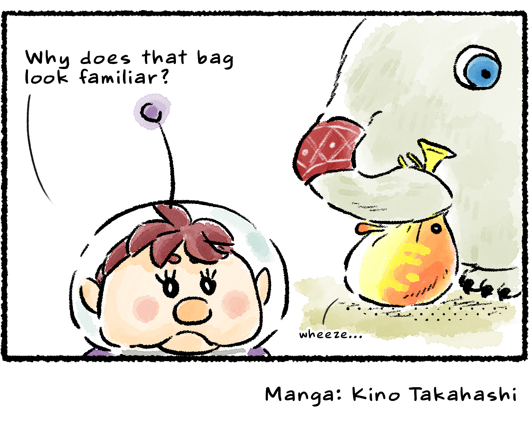 Panel four. "Why does that bag look familiar?" Kingsly wonders. On closer inspection, what looked like a bag is actually a Withering Blowhog clutched in the Mamuta's hand. 