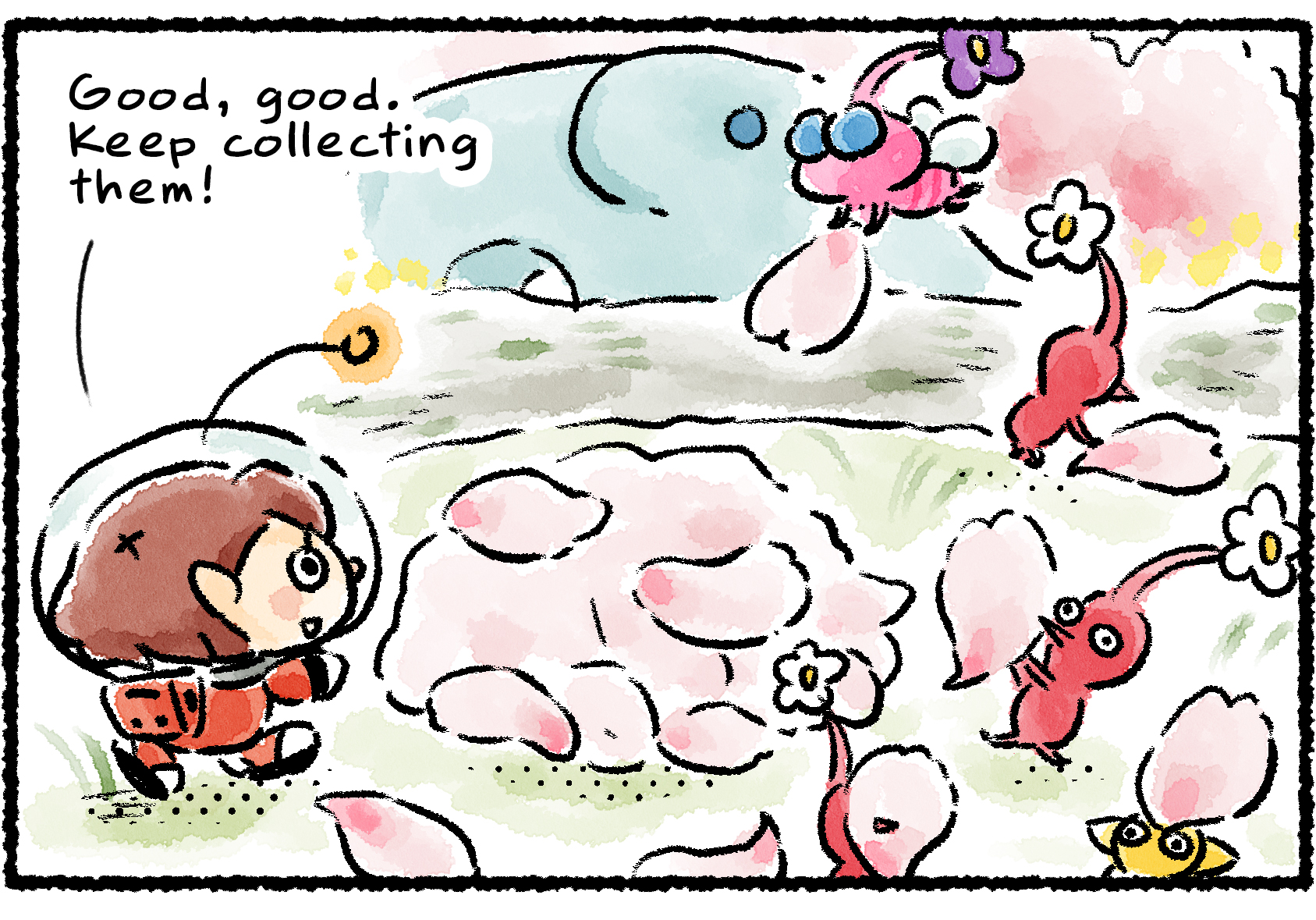 Panel one. A Rescue Officer cheers on several Red Pikmin, a Yellow Pikmin, and a Winged Pikmin as they gather cherry blossoms. "Good, good," she says. "Keep collecting them!"