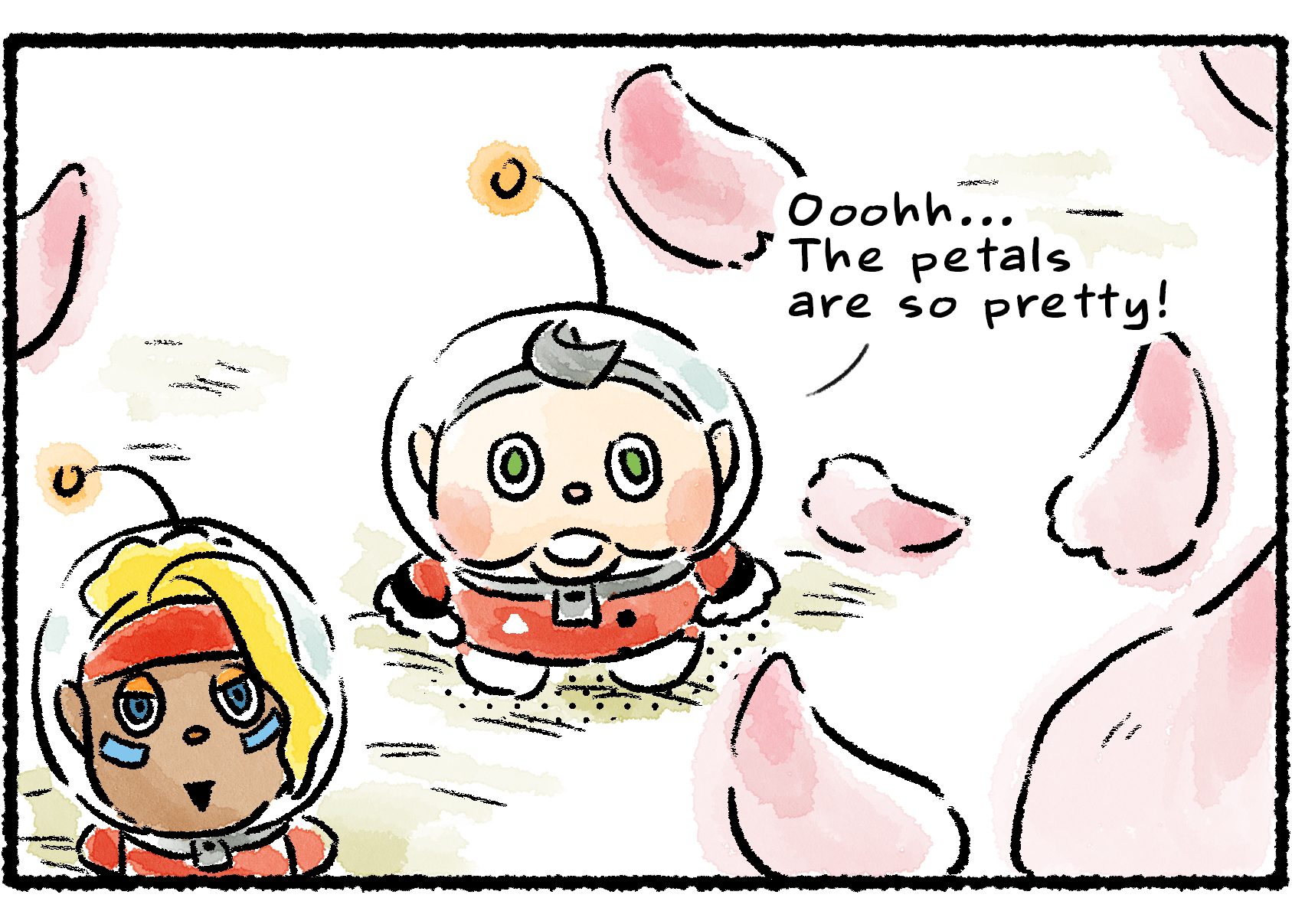 Panel two. Collin stands next to Shepherd amid the petals. "Ooohh..." he says. "The petals are so pretty!"