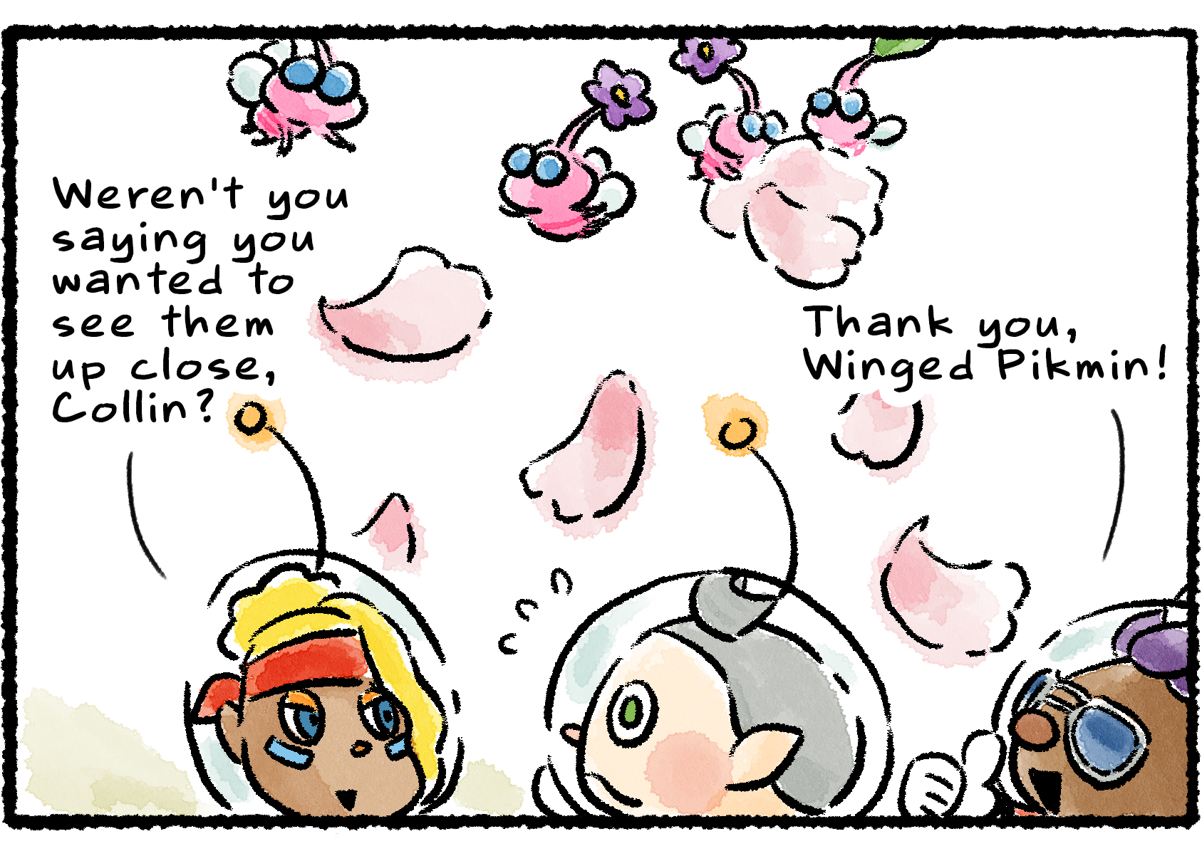 Panel three. "Thank you, Winged Pikmin!" Bernard says, looking up to the Winged Pikmin carrying the cherry blossom petals through the air. Shepherd says, "Weren't you saying you wanted to see them up close, Collin?"