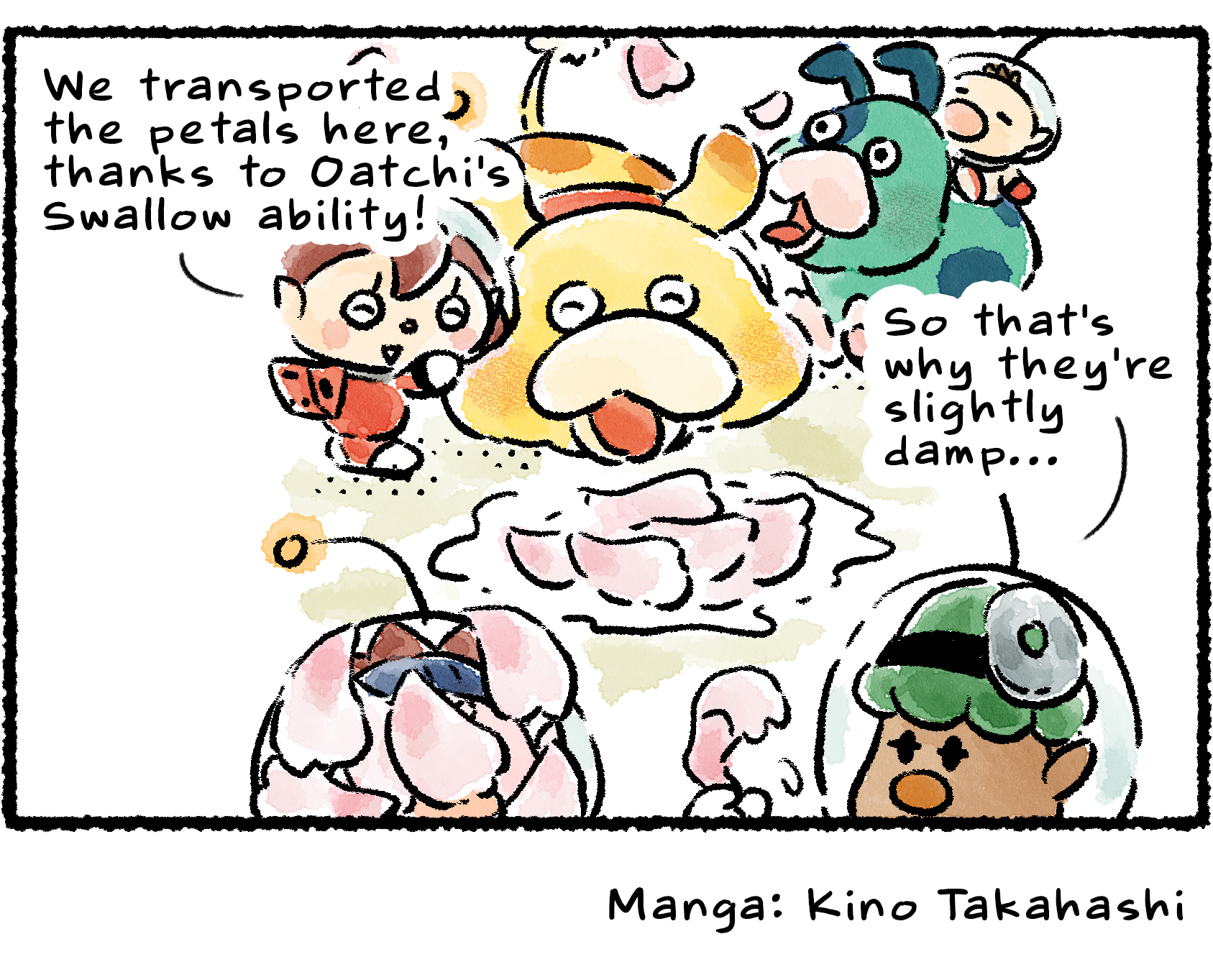 Panel four. Oatchi spits out a glob of petals on the ground. "We transported the petals here, thanks to Oatchi's Swallow ability!" the Rescue Officer says. Yonny picks up a petal and says, "So that's why they're slightly damp..."