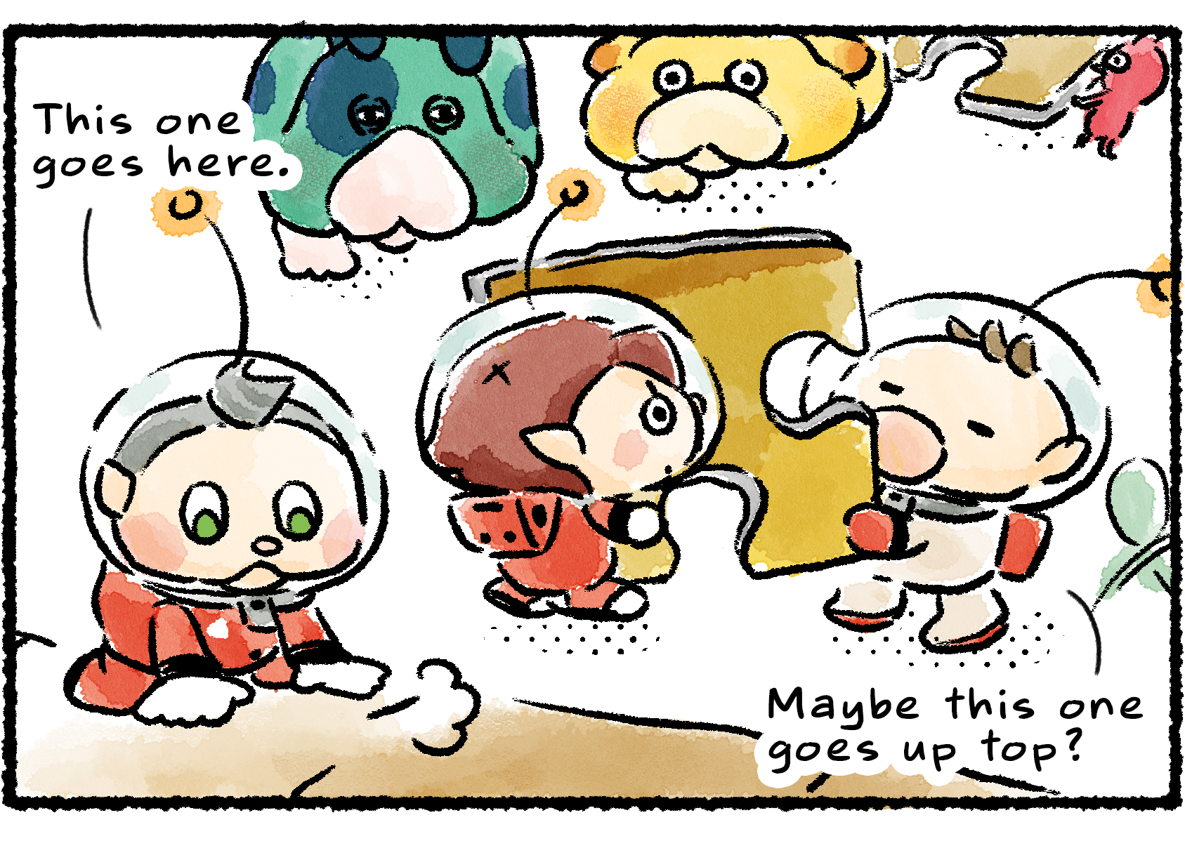 Panel two. Oatchi and Moss watch as Olimar, the Rescue Officer, and Collin assemble the jigsaw puzzle with the help of Pikmin. "This one goes here," Collin says. "Maybe this one goes up top?" Olimar says.