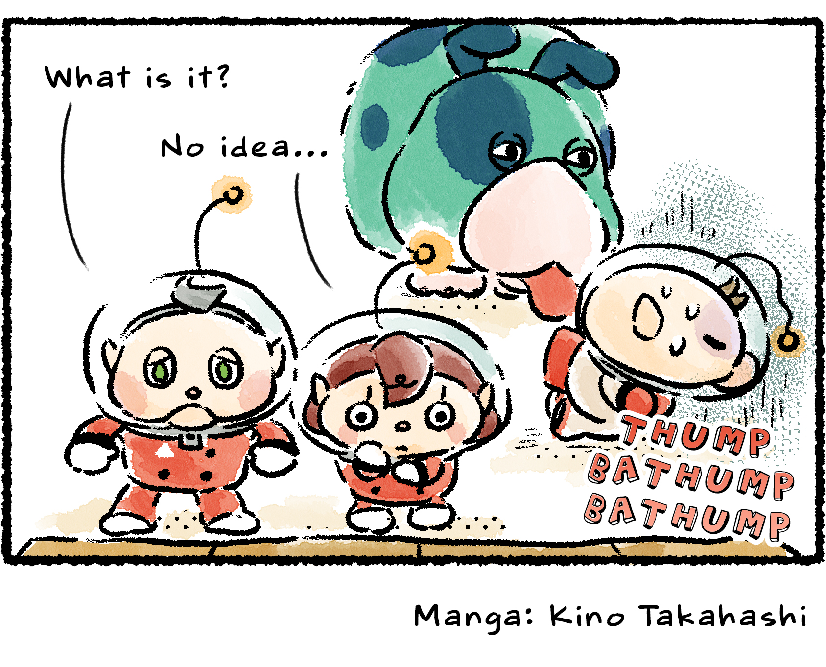 Panel four. "What is it?" the Rescue Officer wonders, looking at the finished puzzle. "No idea..." Collin says. Olimar is sweating, his heart pounding. Moss gives him a concerned lick.