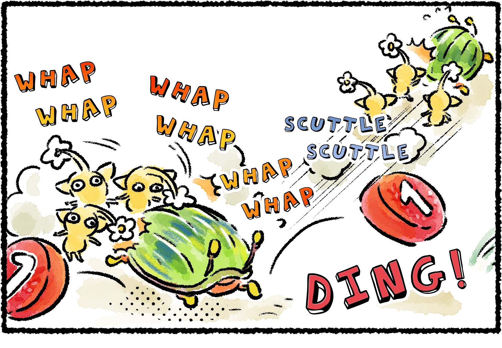 Panel one. A group of Yellow Pikmin chases an Iridescent Flint Beetle. Each time they hit it, pellets come flying out.