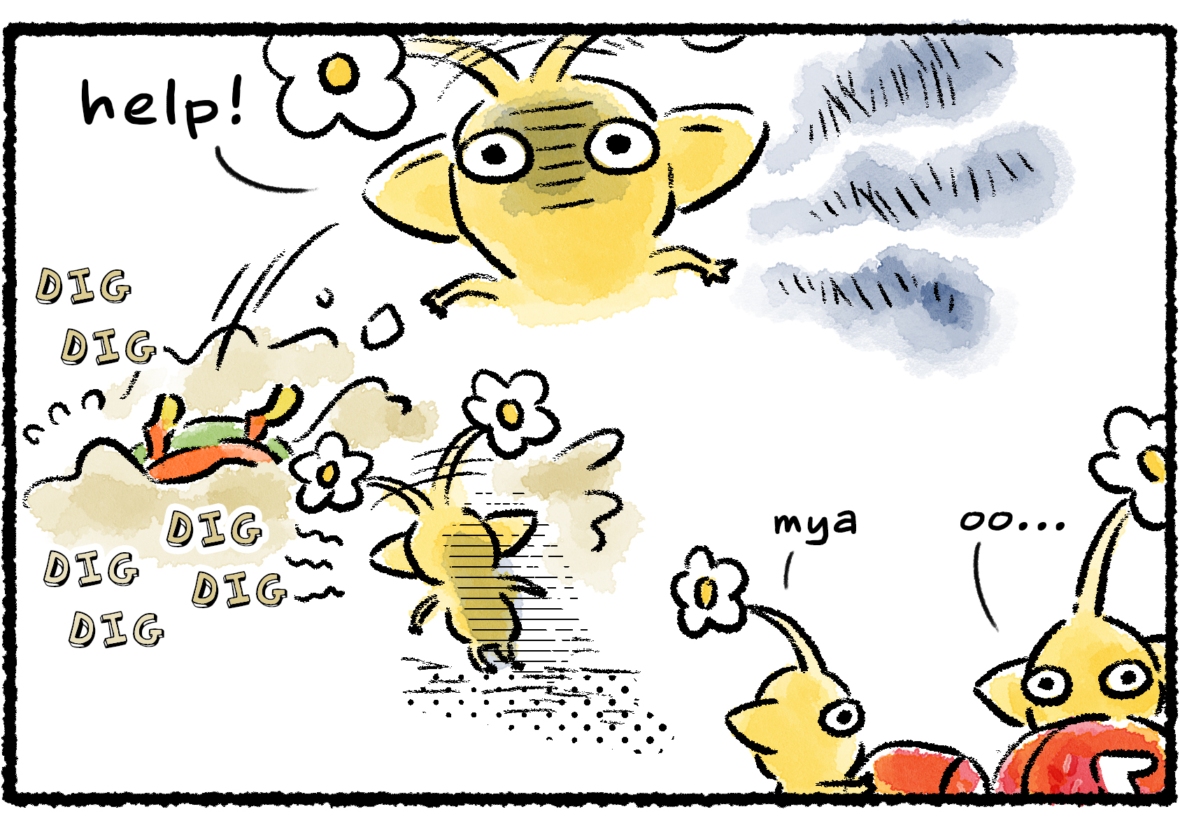 Panel two. As the others carry the pellets off, one brave Yellow Pikmin continues to chase the Iridescent Flint Beetle as it burrows into the ground.