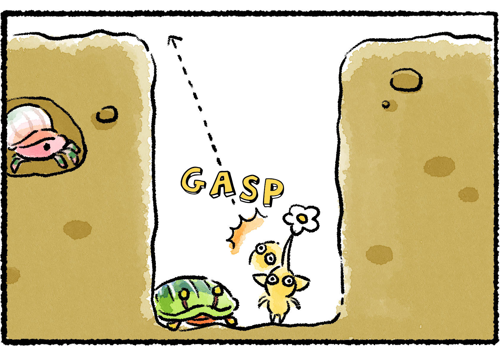 Panel three. Alone with the Iridescent Flint Beetle at the bottom of a hole, the Yellow Pikmin looks up toward the top.