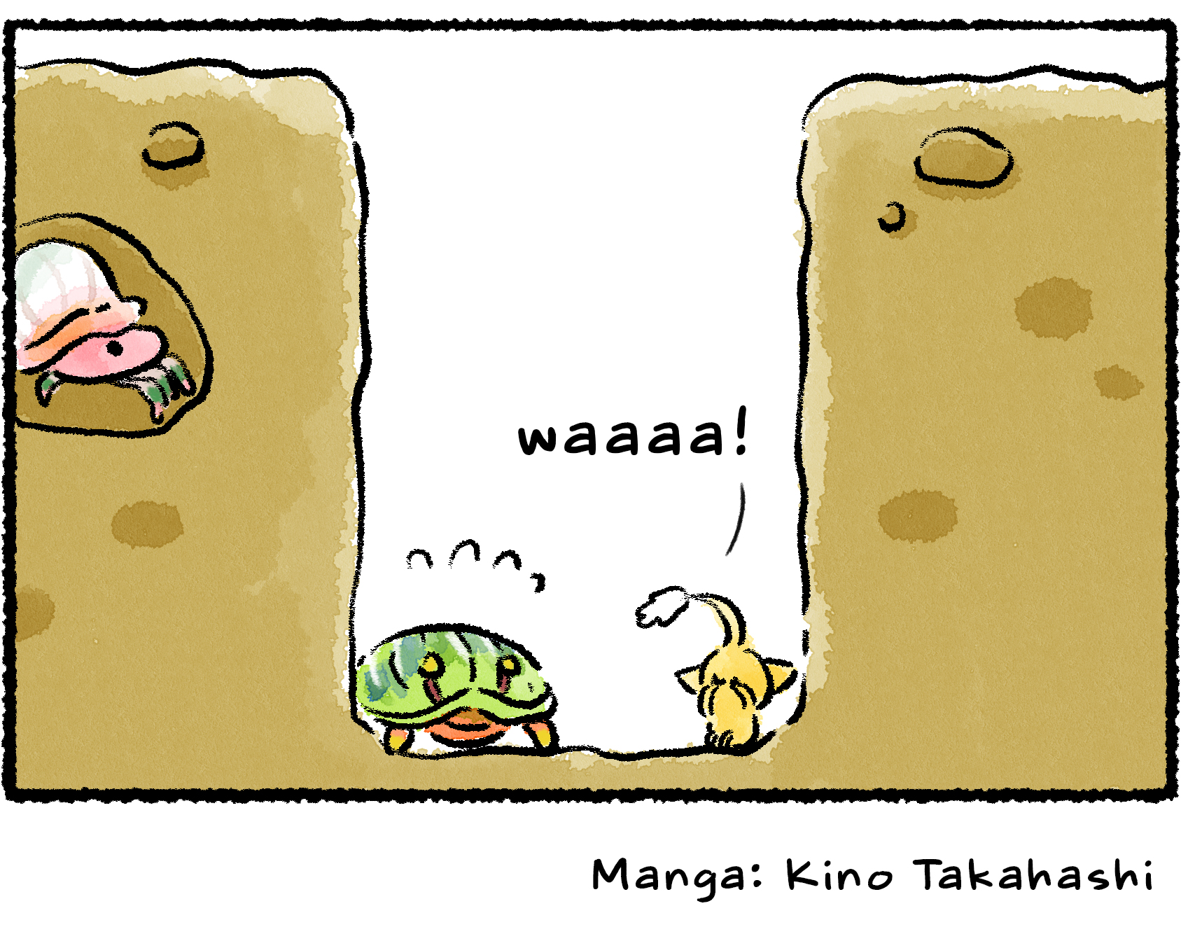 Panel four. Realizing it won't be able to climb out, the Yellow Pikmin starts to cry.