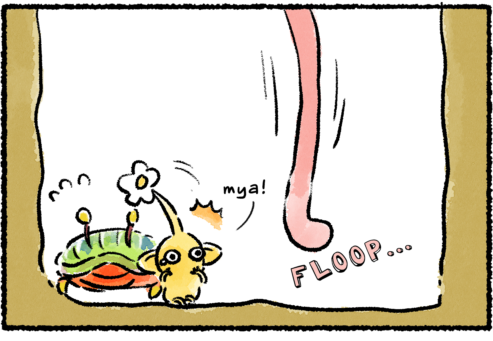 Panel one. A Yellow Pikmin, trapped at the bottom of a hole with an Iridescent Flint Beetle, looks up with surprise as a pink lifeline floops down towards it.