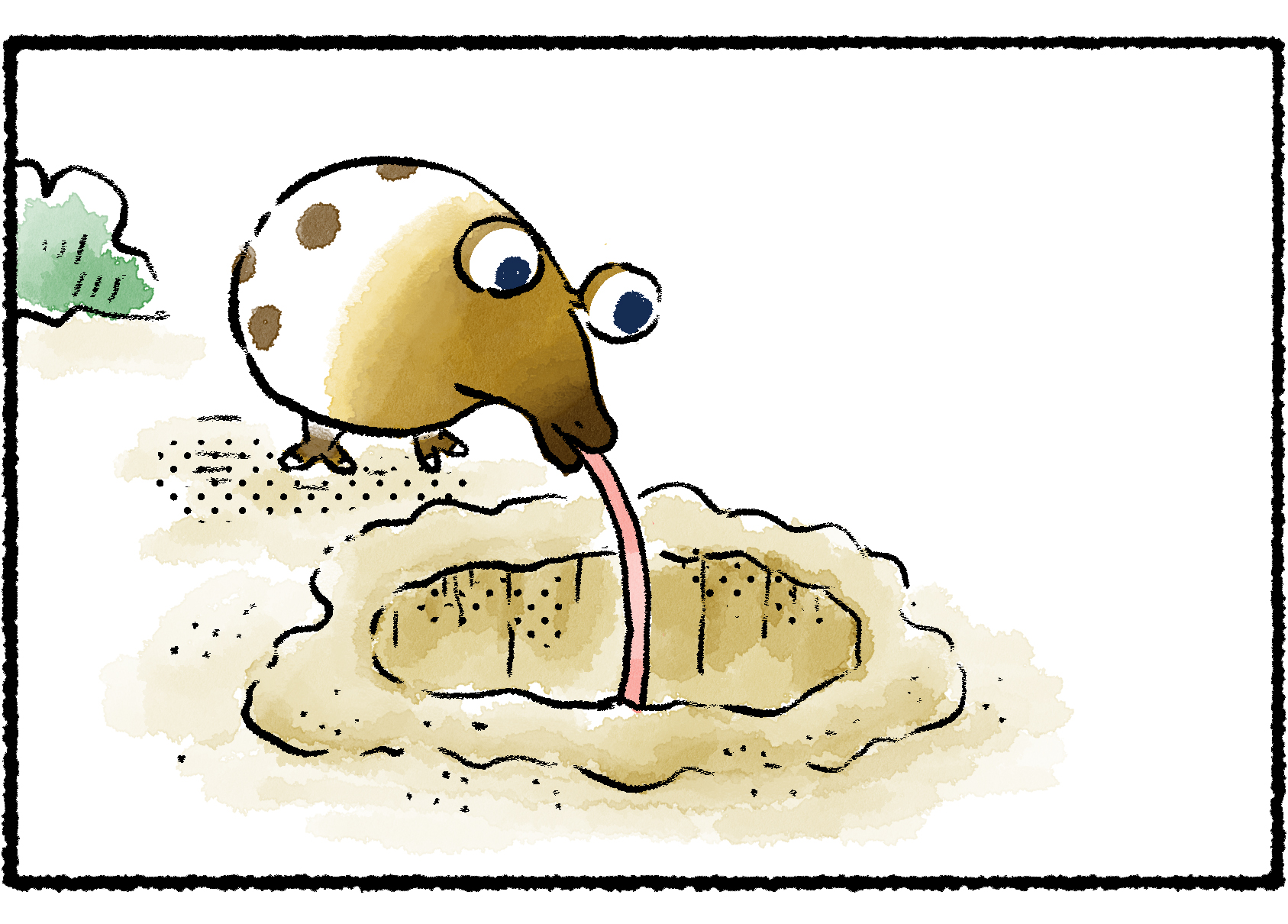 Panel two. The lifeline from the previous panel is revealed to be the tongue of a Whiptongue Bulborb standing at the top of the hole and hoping to slurp up a meal.