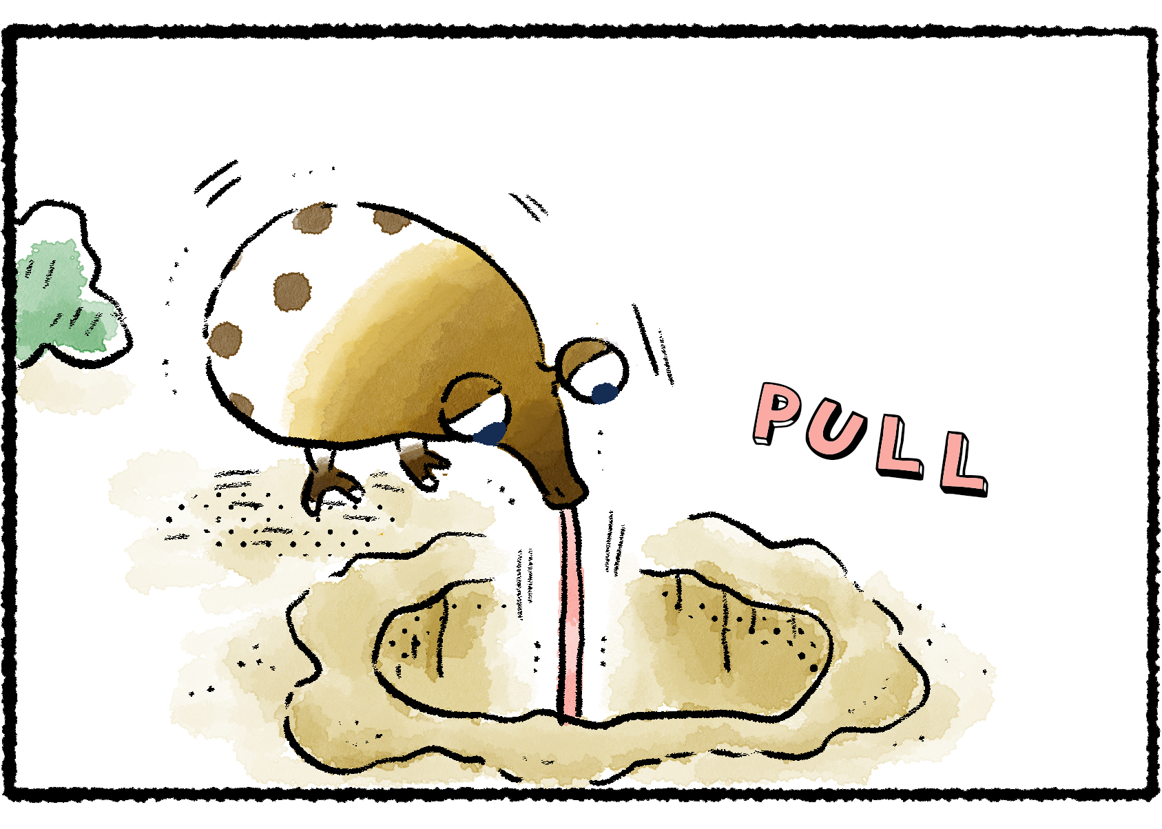 Panel three. The Whiptongue Bulborb looks confused as something seems to be pulling on its tongue.