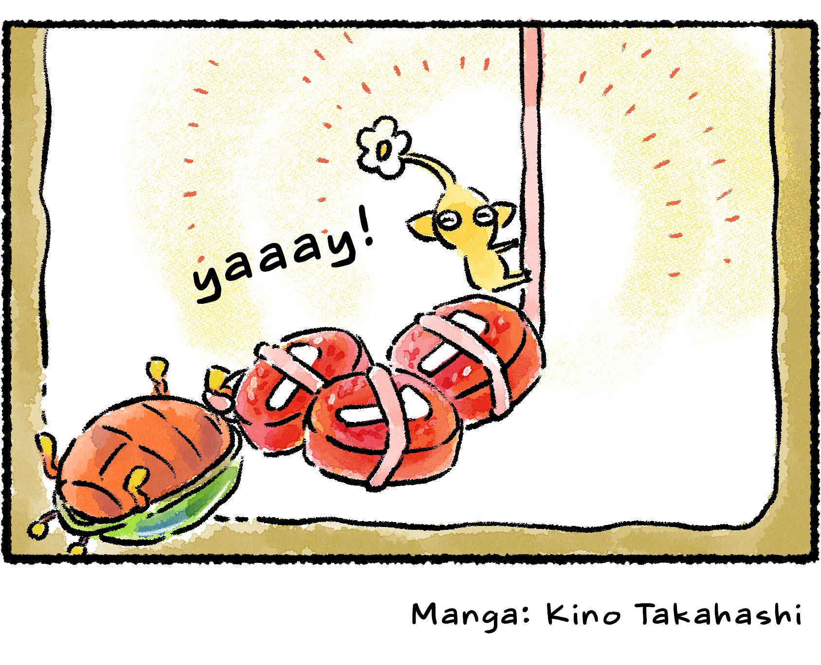 Panel four. Down in the hole, the Whiptongue Bulborb's tongue is wrapped around some pellets that have been knocked out of the Iridescent Flint Bettle. The Yellow Pikmin happily climbs up the tongue.