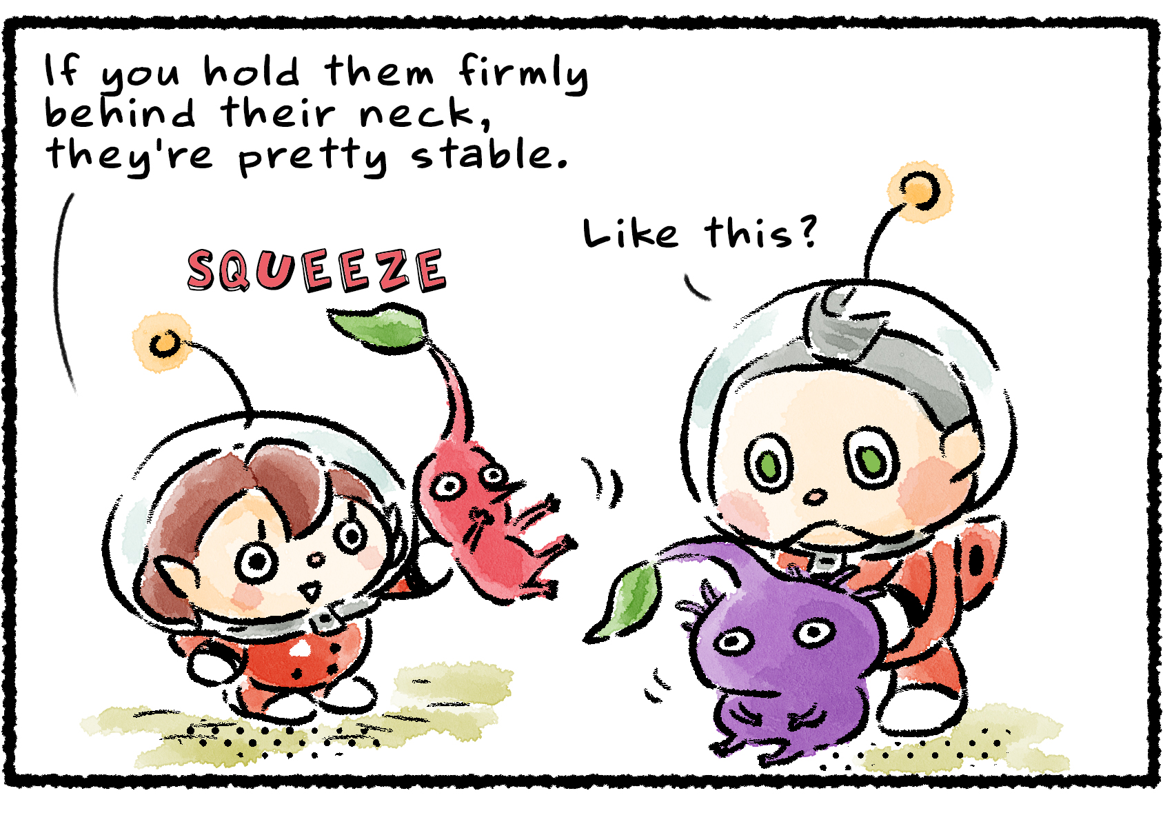 Panel one. A Rescue Officer holds up a Red Pikmin. "If you hold them firmly behind their neck, they're pretty stable," she says. Collin reaches down and grasps a Purple Pikmin in the same place. "Like this?"