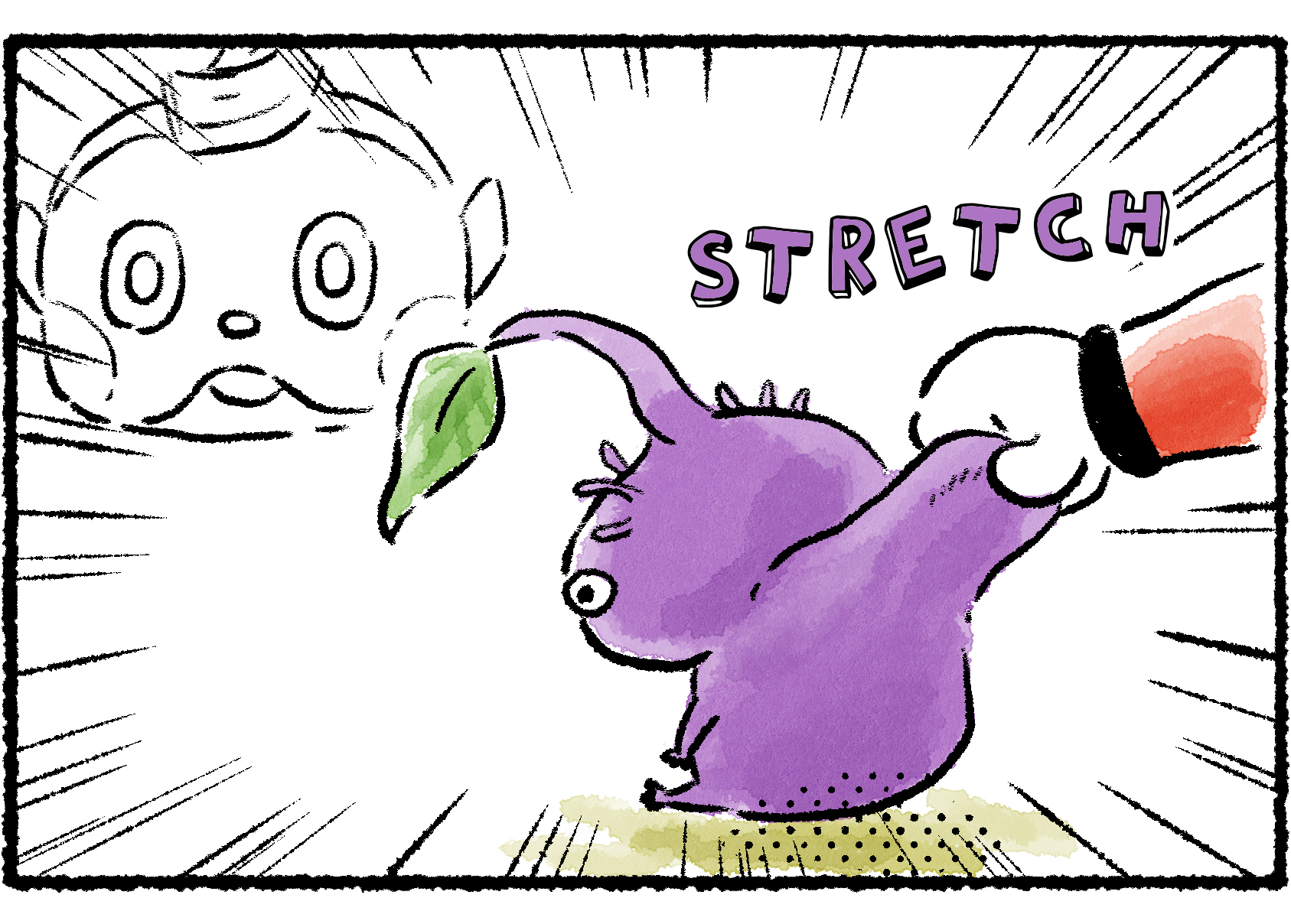 Panel two. Collin pulls at the Purple Pikmin, but rather than lifting it off the ground, his hand only stretches out the Pikmin's skin. Collin is distressed by this.