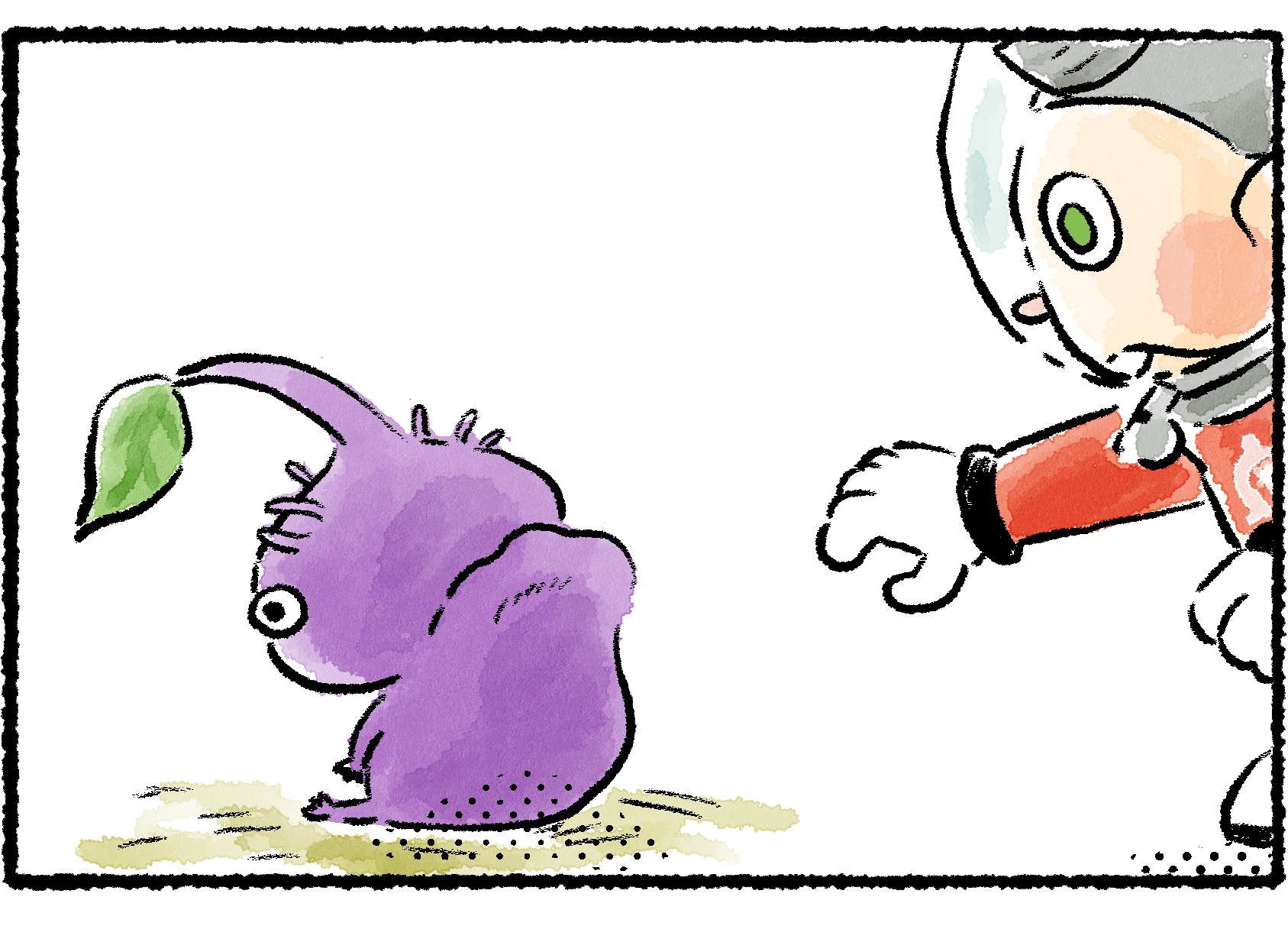 Panel three. Collin lets go of the Purple Pikmin, leaving a stretched-out flap of skin that's still shaped like the grip of his hand.