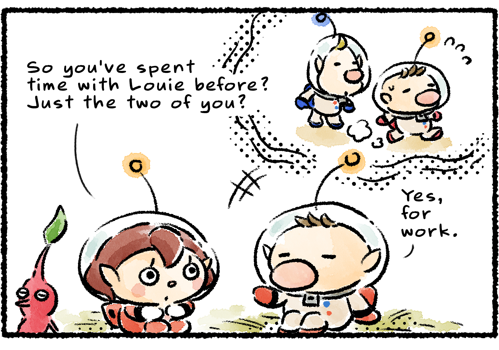 Panel one. Olimar is remembering his past missions with Louie. "So you've spent time with Louie before?" a Rescue Officer asks him. "Just the two of you?" Olimar says, "Yes, for work."