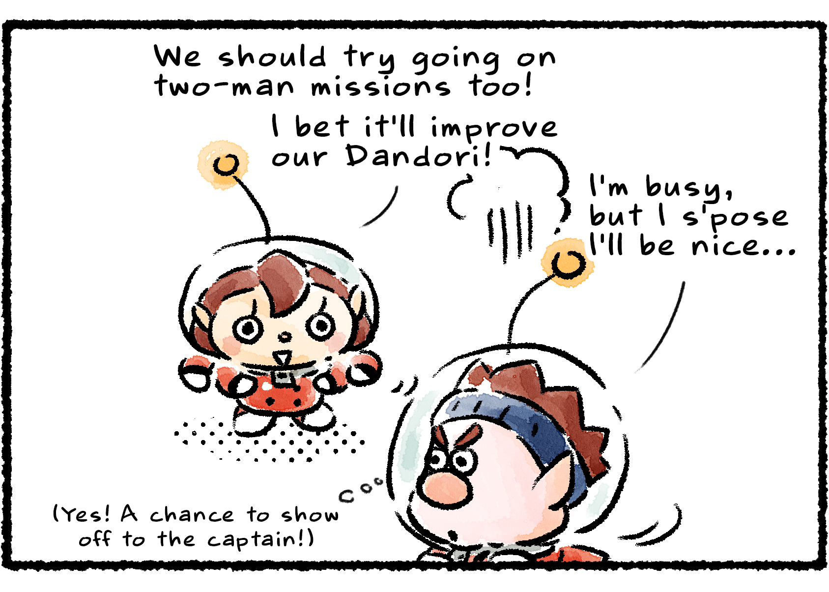 Panel two. The Rescue Officer says to Dingo excitedly, "We should try going on two-man missions too! I bet it'll improve our Dandori!" Dingo says, "I'm busy, but I s'pose I'll be nice..." and then thinks, "(Yes! A chance to show off to the captain!)"