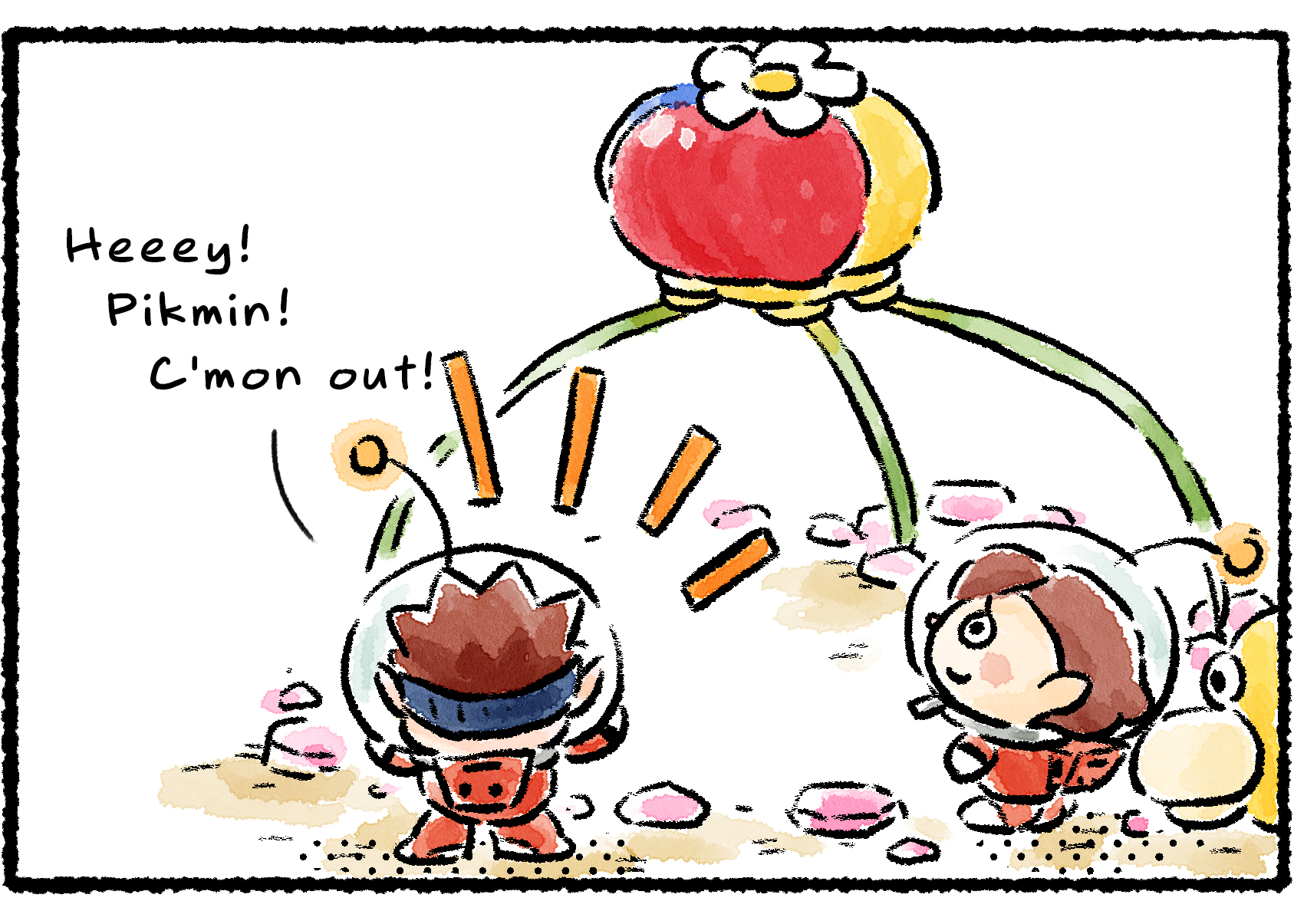 Panel three. Dingo, the Rescue Officer, and Oatchi approach the Onion. Dingo shouts at it, "Heeey! Pikmin! C'mon out!"