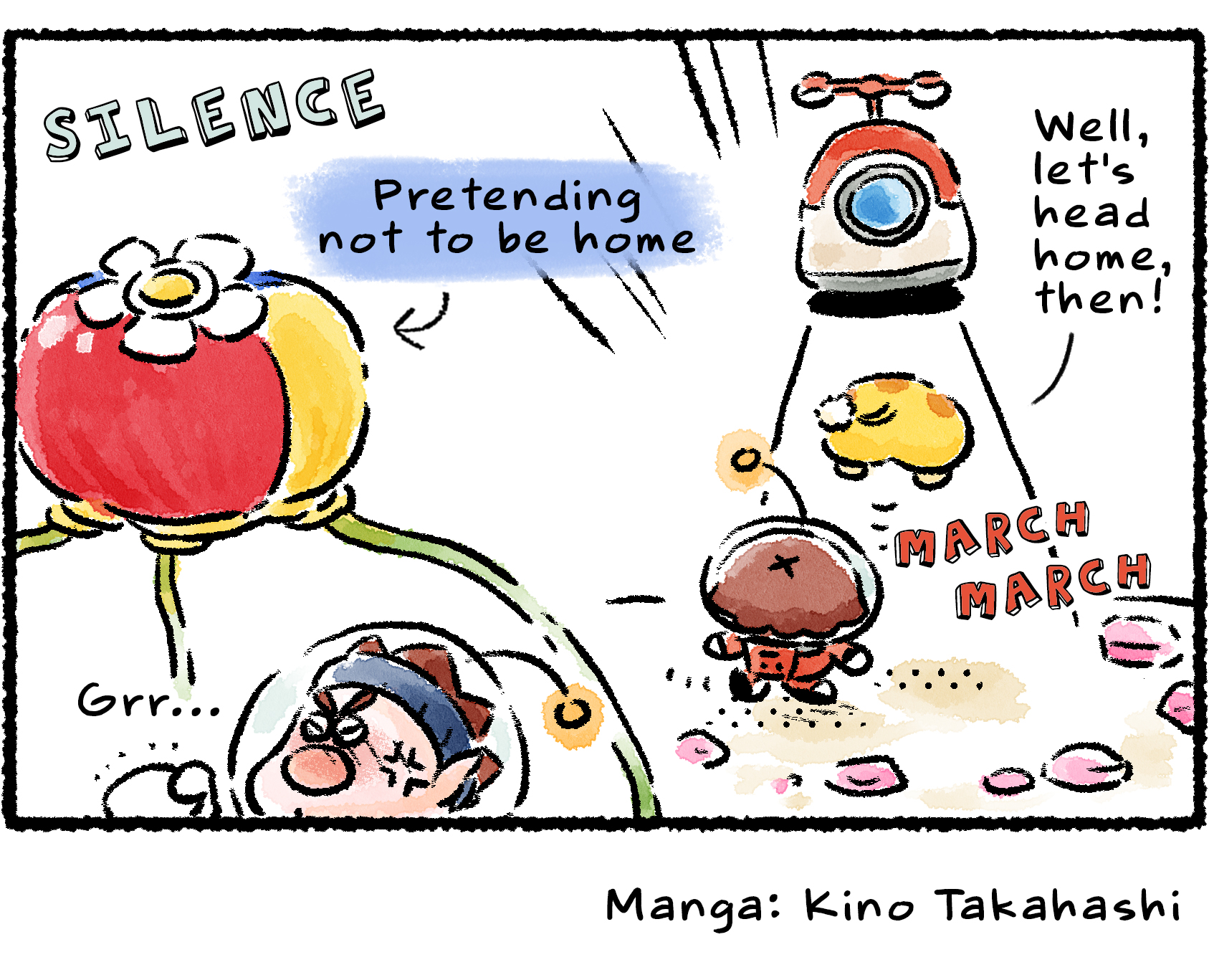 Panel four. Nothing comes out of the Onion. Dingo growls and shakes his fist at it. Descriptive text reads: "silence (Pretending to not be home)". The Rescue Officer says, "Well, let's head home, then!" and returns to the S.S. Beagle with Oatchi.